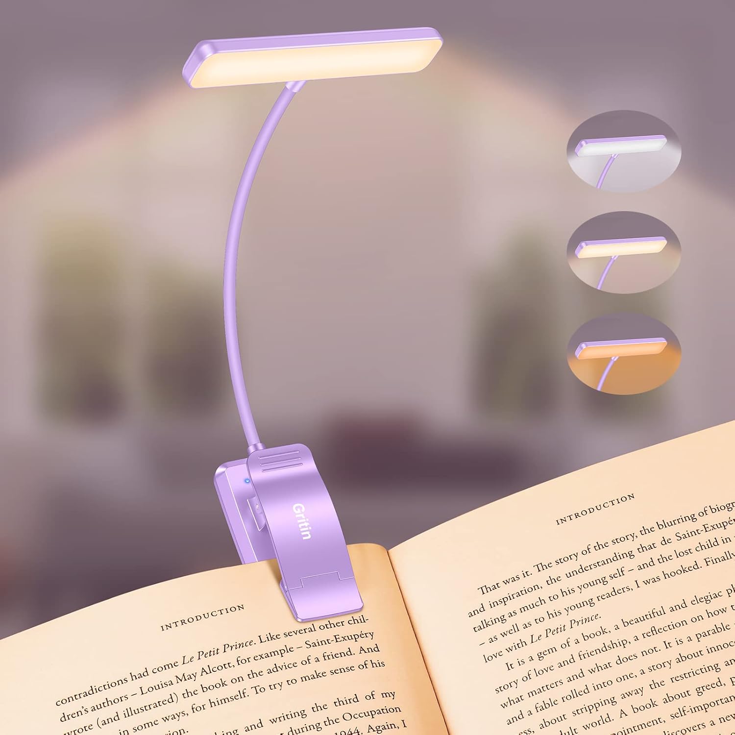 Gritin 19 LED Luz de Lectura, Lámpara de Lectura USB Recargable de 360° Flexible con 3 Modos de Iluminación - Protección Ocular & Atenuación Continua & Larga Duración Luz de libro para leer en la cama