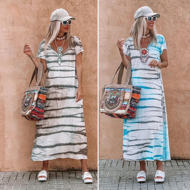 Women's Printed V-neck Loose Short Sleeve And Long Pattern Dress
