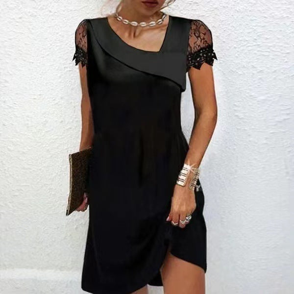 Double Layer Diagonal Collar Lace Short Sleeve Fashion Women's Wear Dress