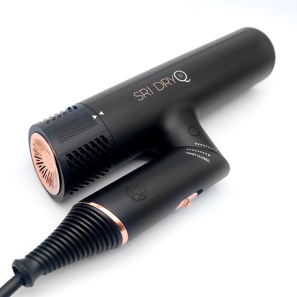 DryQ Smart Hair Dryer from SRI | Infrared and Ionic Technology - Lightweight + Foldable - Powerful + Quiet - 3 Magnetic Attachments - Heat Control with Locking Switch (Black)