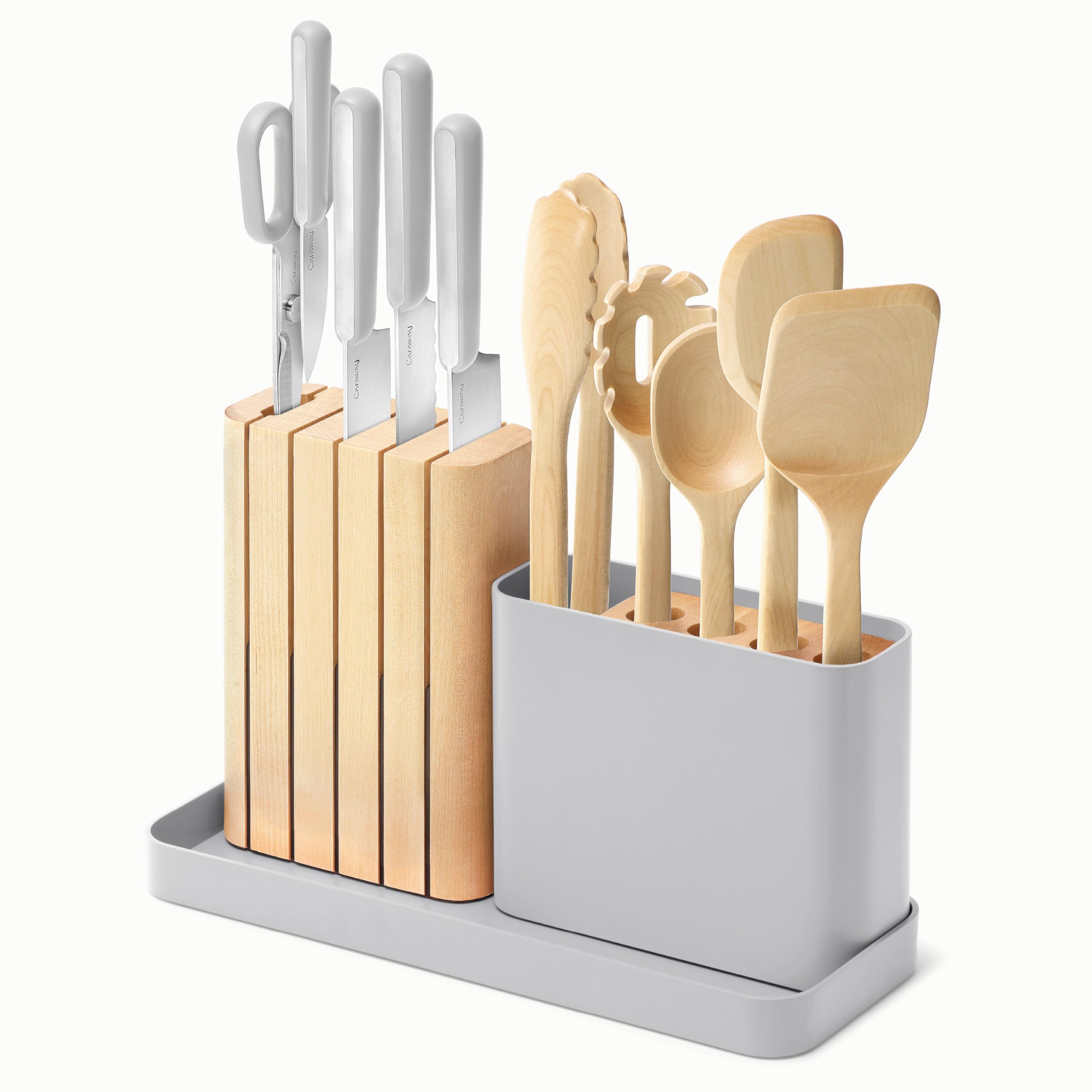 Caraway 14-Piece Kitchen Prep Set - Kitchen Knife Set & Wooden Utensil Set - Made With Premium German Steel Blades & FSC-Certified Birch Wood - Non-Toxic Materials - Includes Organizer - Grey