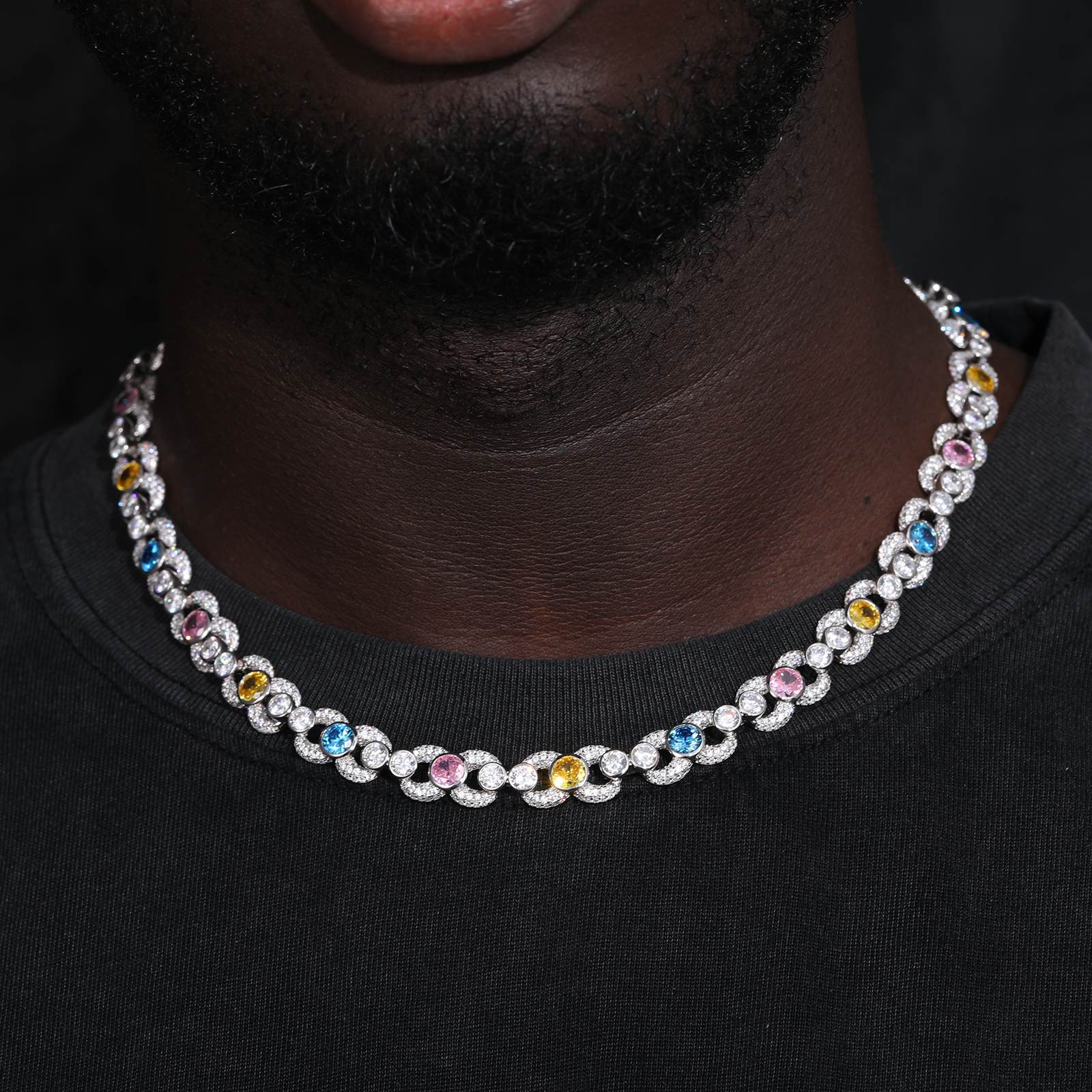 10mm S925 Moissanite Infinity Cuban Link Chain With Colorful CZ Mainstones