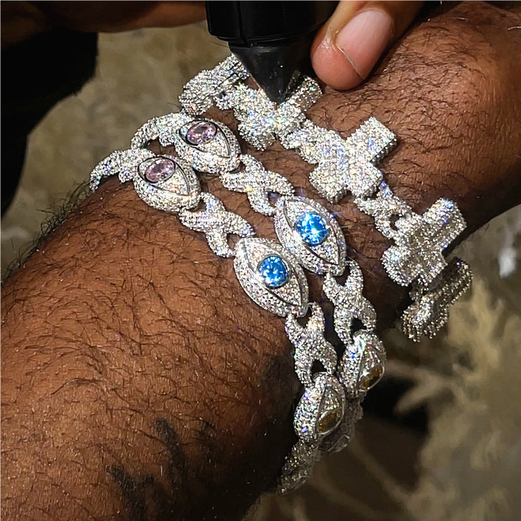11mm S925 Moissanite Evil Eye Infinity Cuban Link Bracelet