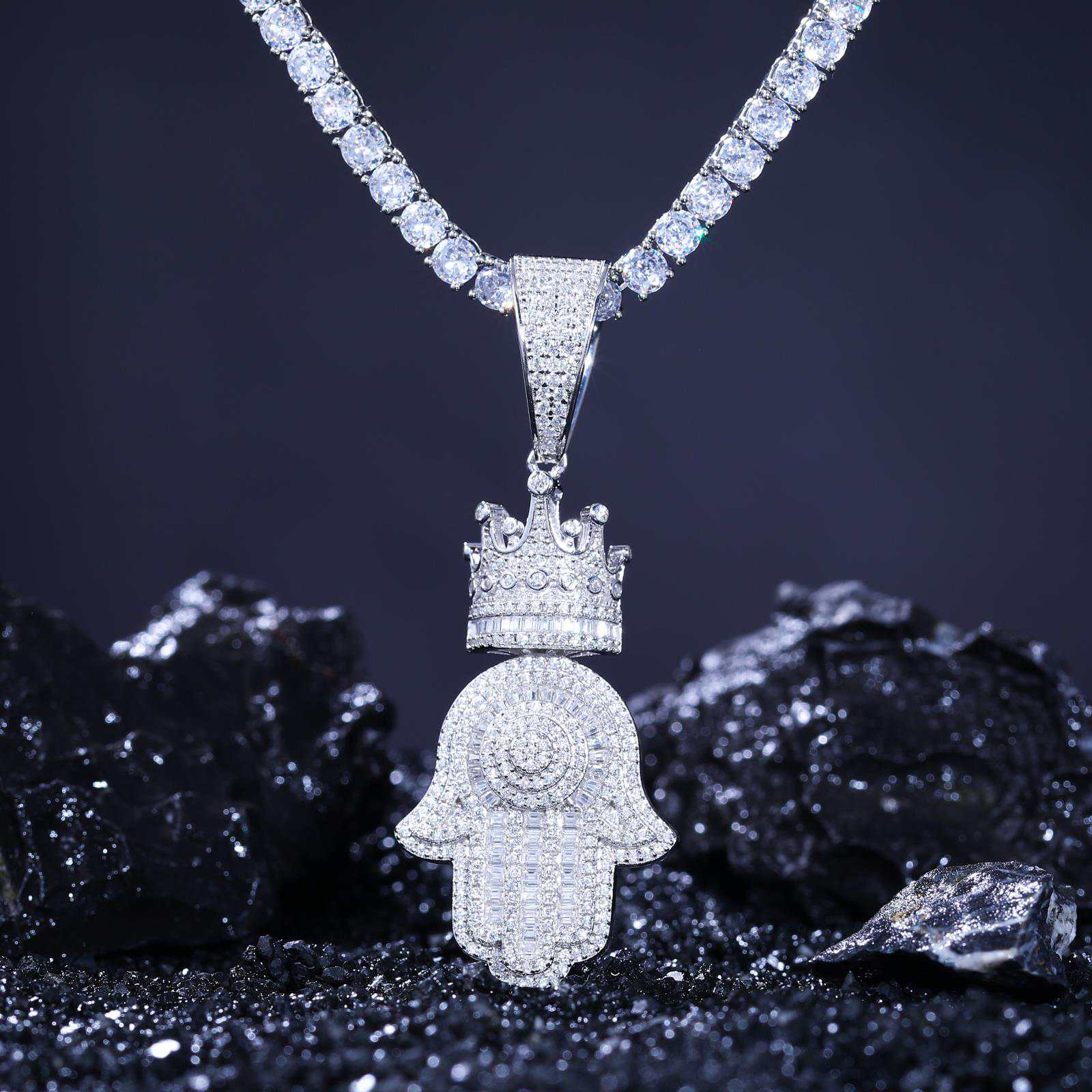 S925 Baguette Moissanite Hamsa Hand Pendant With Crown