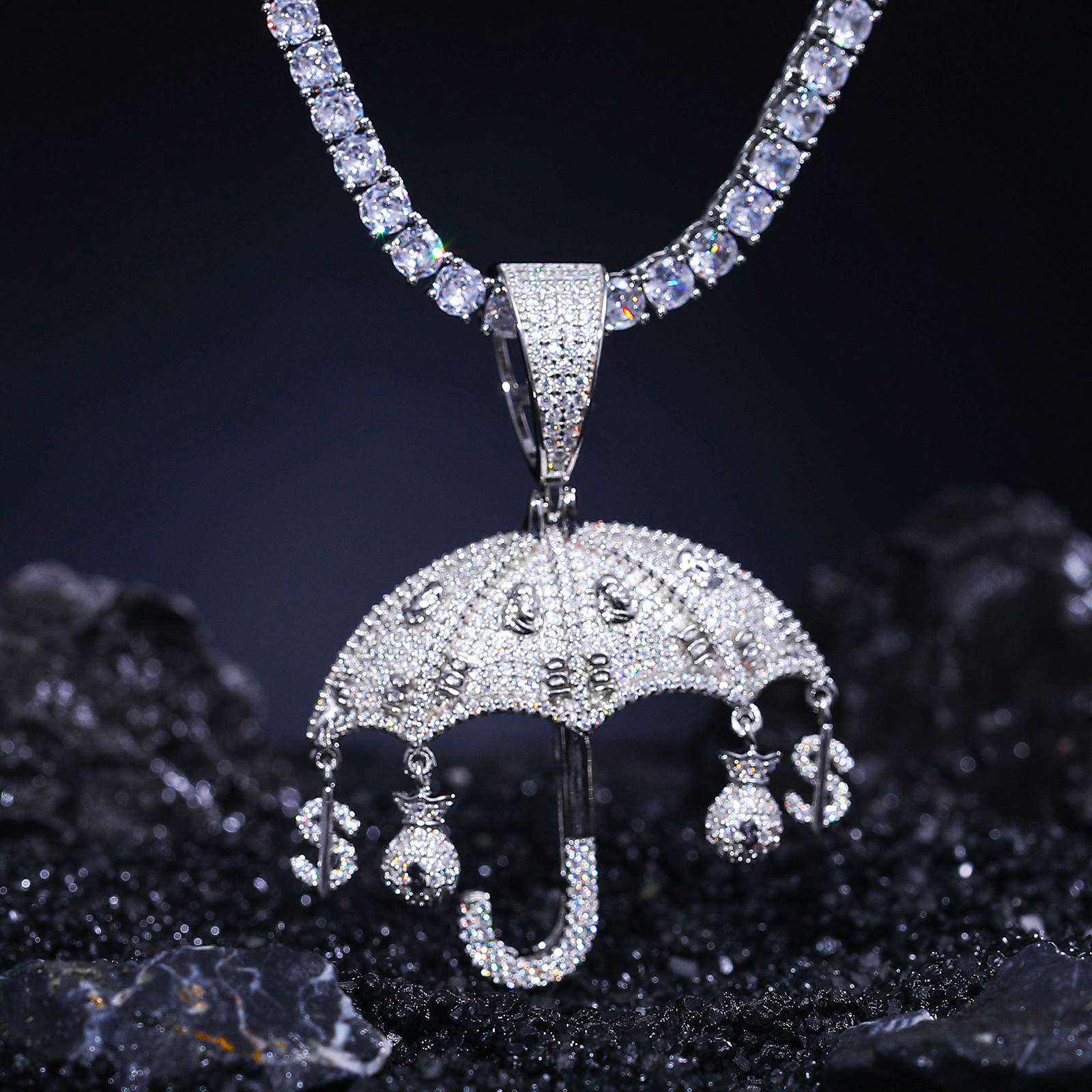 S925 Moissanite Umbrella Pendant With Money Bag and Dollar Charm