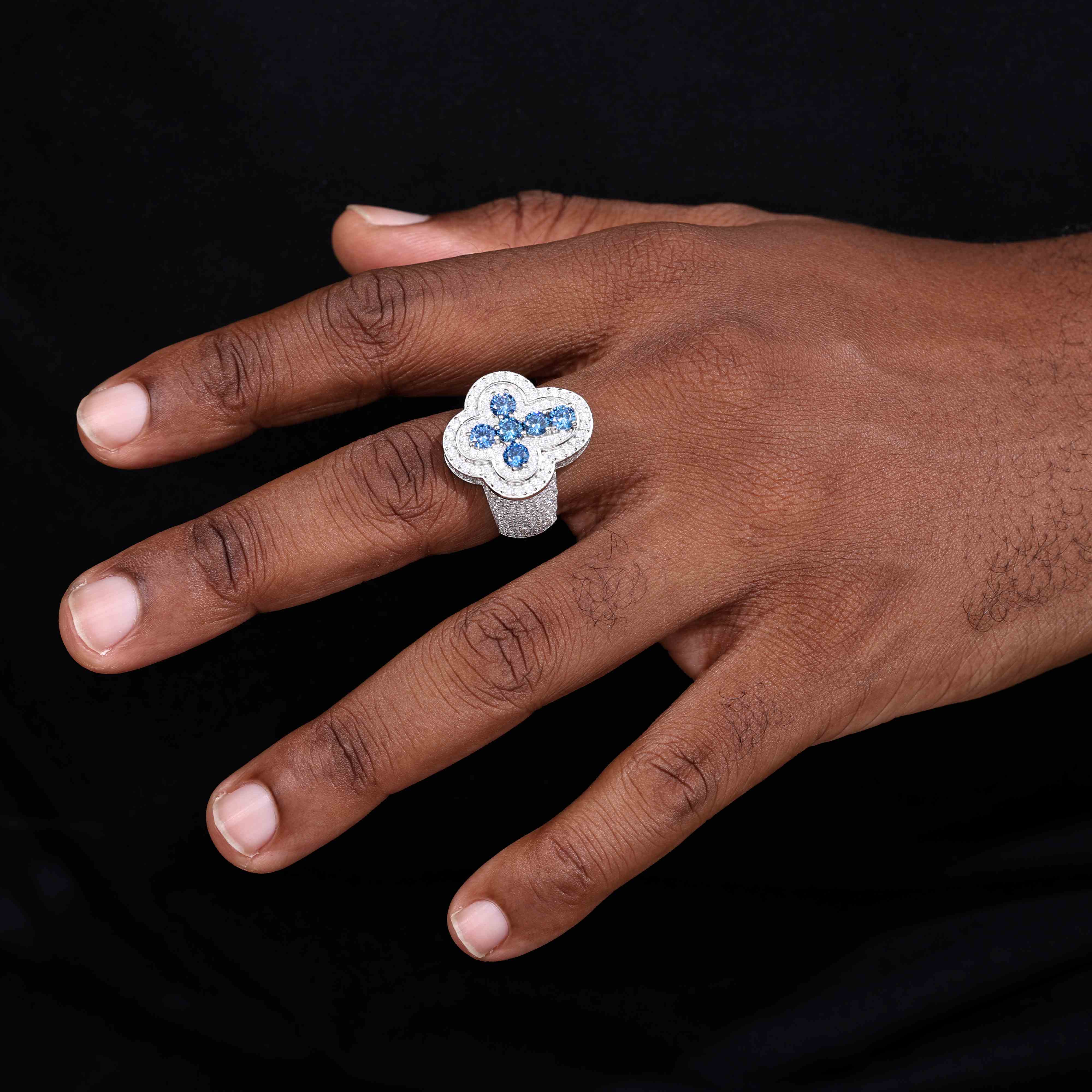 S925 Moissanite Signet Ring With Blue CZ Cross