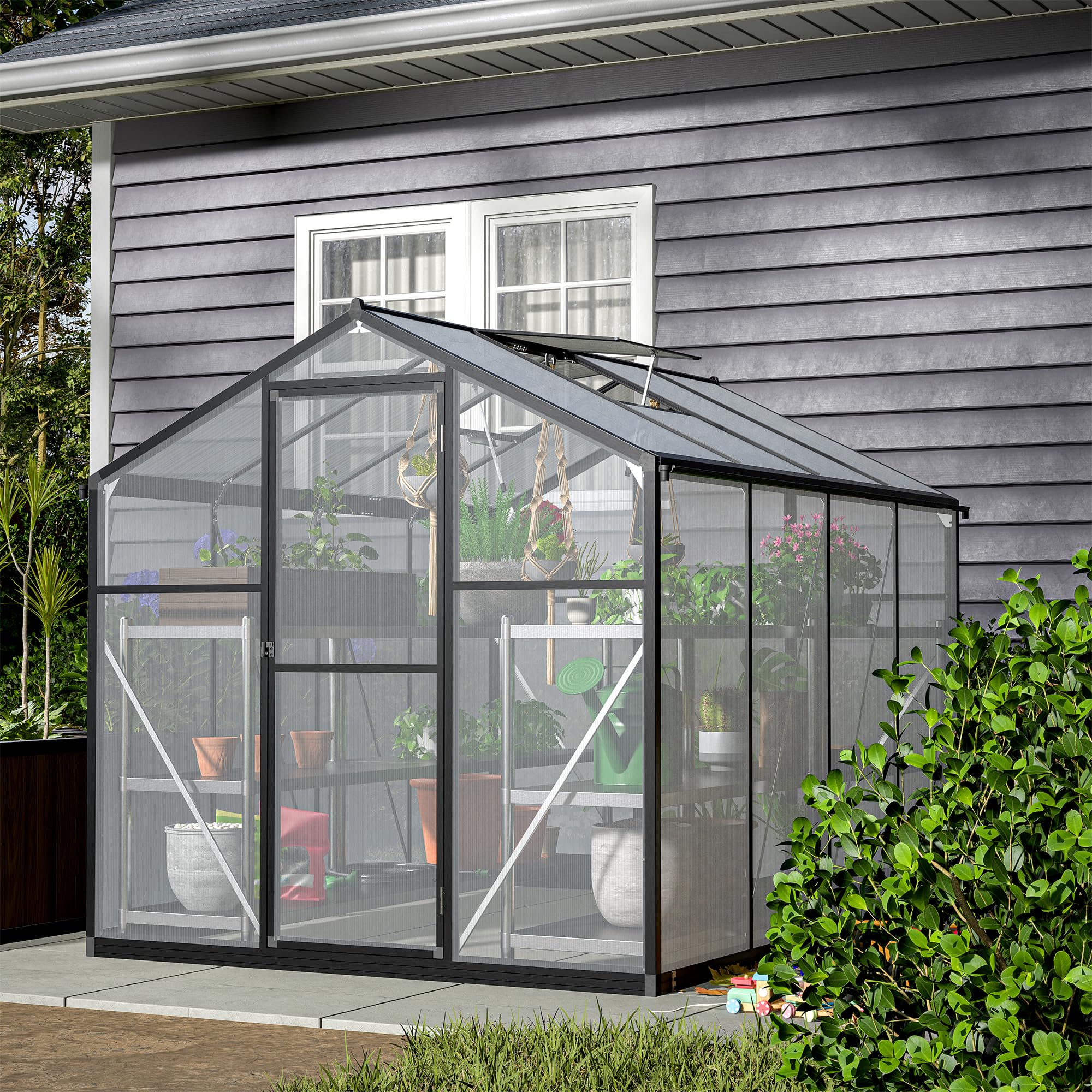 thanaddo green hourse Greenhouse 6'x8' Upgraded Heavy Duty Aluminum Walk-in Green House for Outdoor Garden with Base,Adjustment Roof Vent,Sliding Door,Rain Gutter,2 Gloves