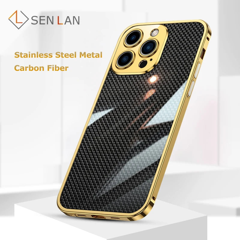 Stainless Steel Metal Phone Case For iPhone 14 13 12 11 Pro Max 14Plus Luxury Carbon Fiber Rear Cover Phone Frame Accessories