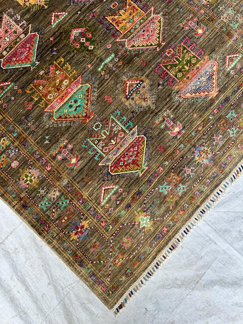 Finest Afghan Handwoven Rug – 196 x 151cm, Waziri Pattern, Herbal Green