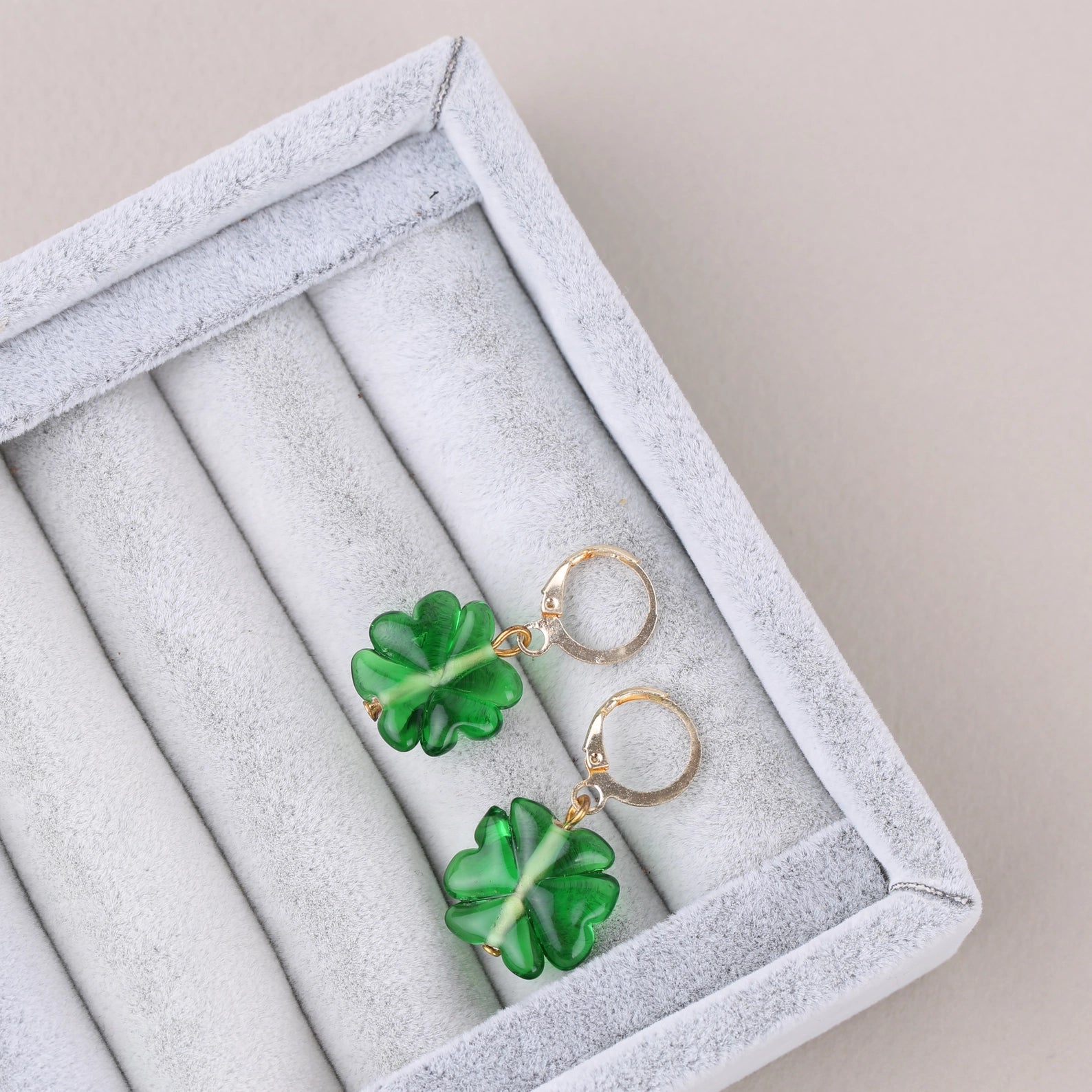 Glass Clover Four Leaf Earring, Green Flower Jewellery, Floral