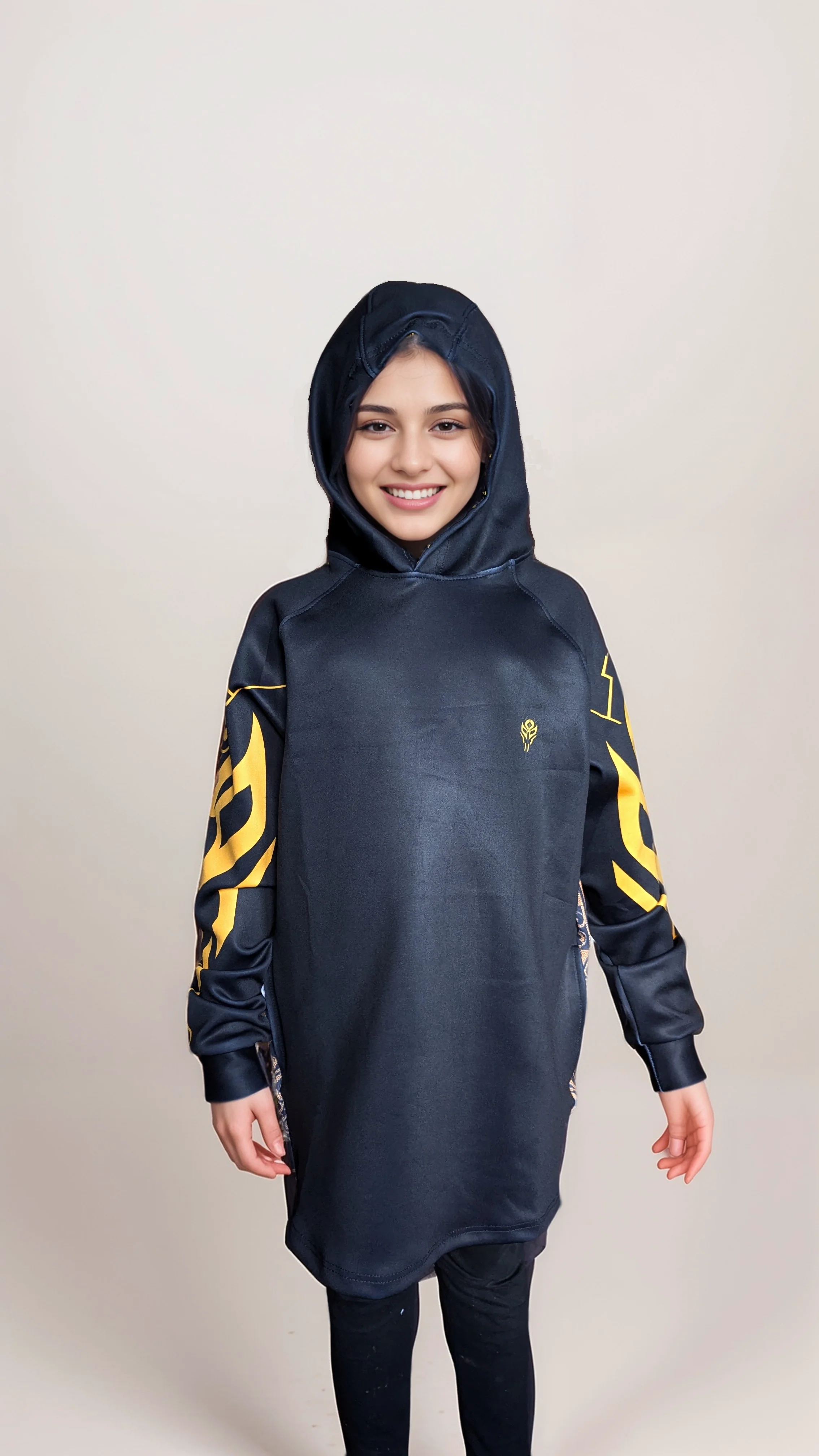 Black Oversized Girls' Hoody with Phoenix Back Design | Satin Hood & Stretch Fabric