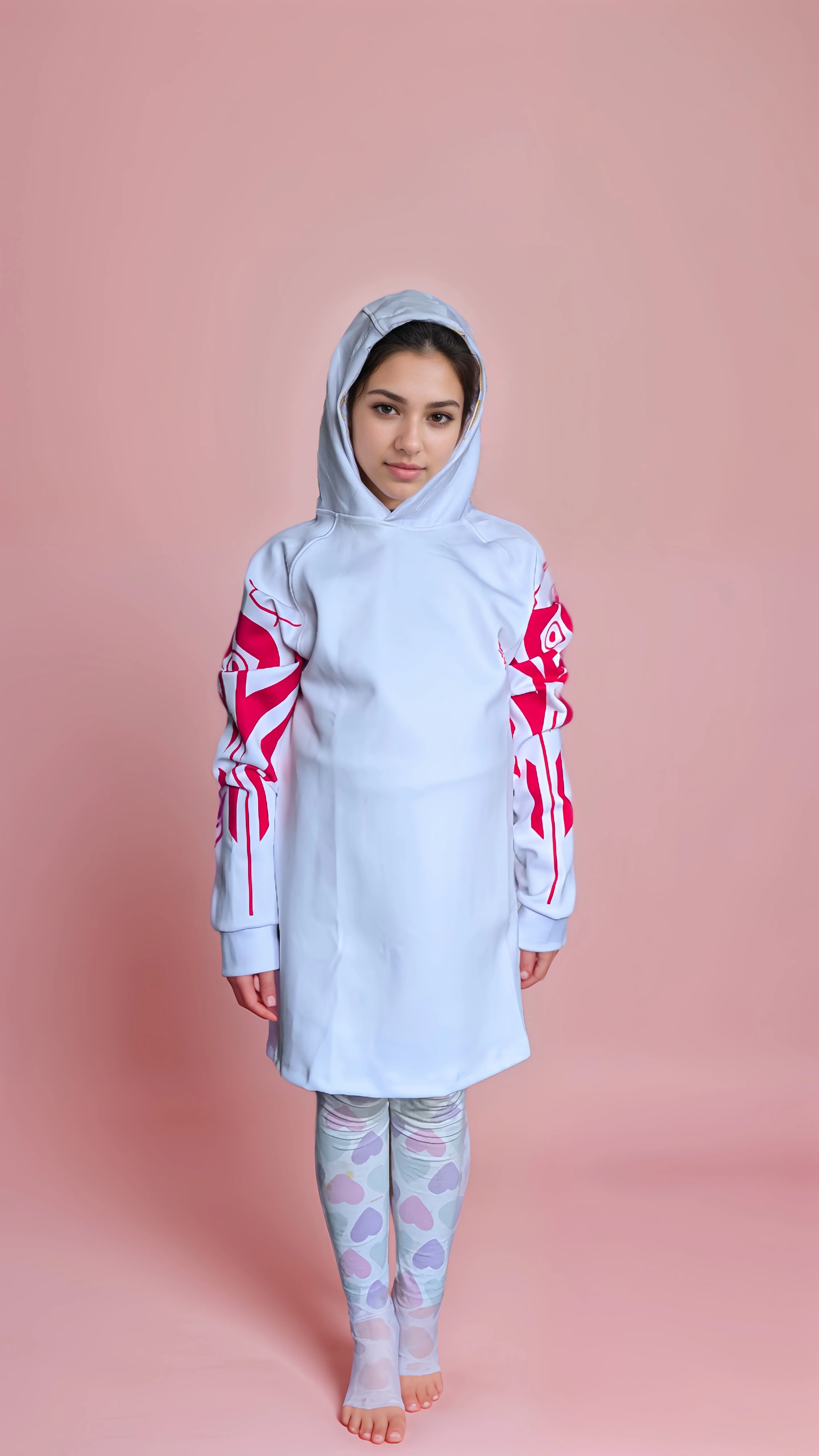 White Oversized Girls' Hoody with Satin Hood & Unique Back Unicorn Mech Design | Stretchy Comfort Fit