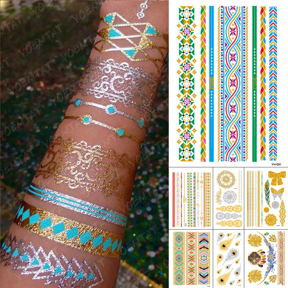 Waterproof Temporary Tattoo Sticker Metal Gold Silver Blue Mandala Bracelet Jewelry Flash Tatto Women Henna Body Art Fake Tatoo