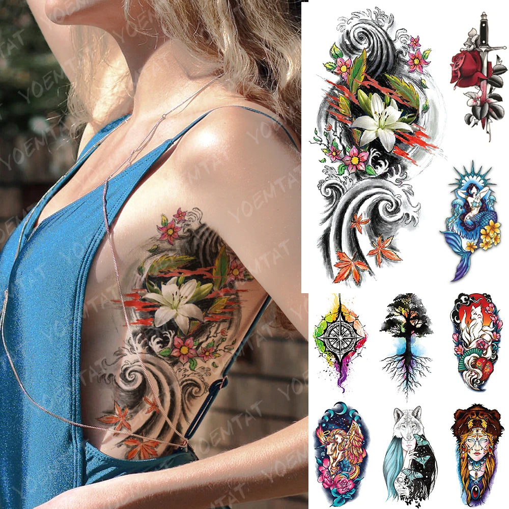 Waterproof Temporary Tattoo Sticker Japanese lily fox demon Flash Tattoos Mermaid Family Tree Body Art Arm Fake Tatoo Women Men