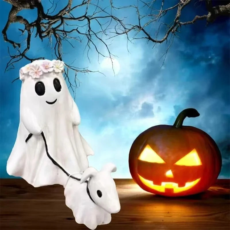 Halloween Ghost Walking Dog Statue Spooky Ghost Dog Halloween Figurine Home Tabletop Decorations (White, Extra Large)