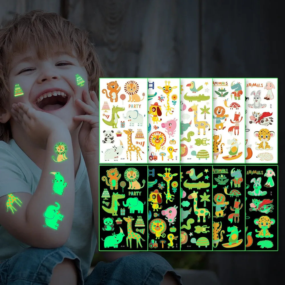 5Pcs/set Luminous Night Lion Tattoo Stickers For Children Animal Rabbit  Temporary Waterproof Tatto Art Kid Cartoon Fake Tatoo