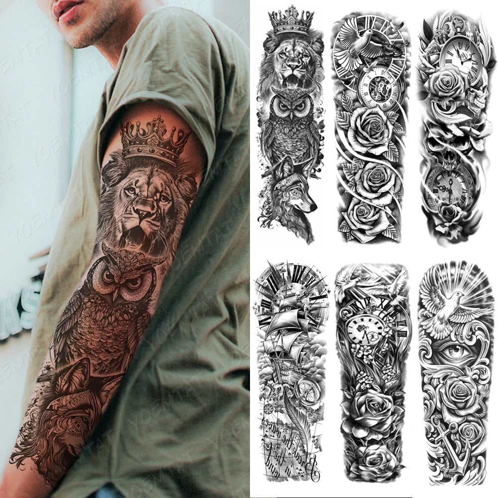 Large Arm Sleeve Tattoo Lion Crown King Rose Waterproof Temporary Tatoo Sticker Wild Wolf Tiger Men Full Skull Totem Fake Tatto