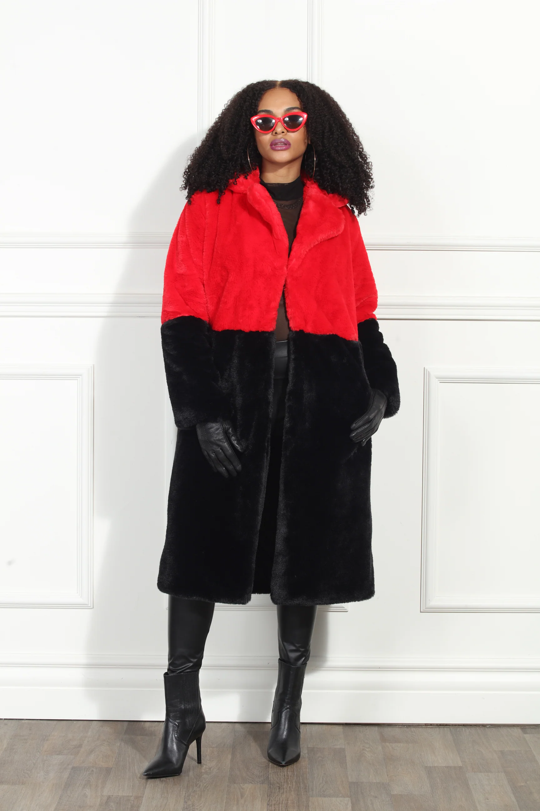 Red and Black Two-Tone Faux Fur Coat