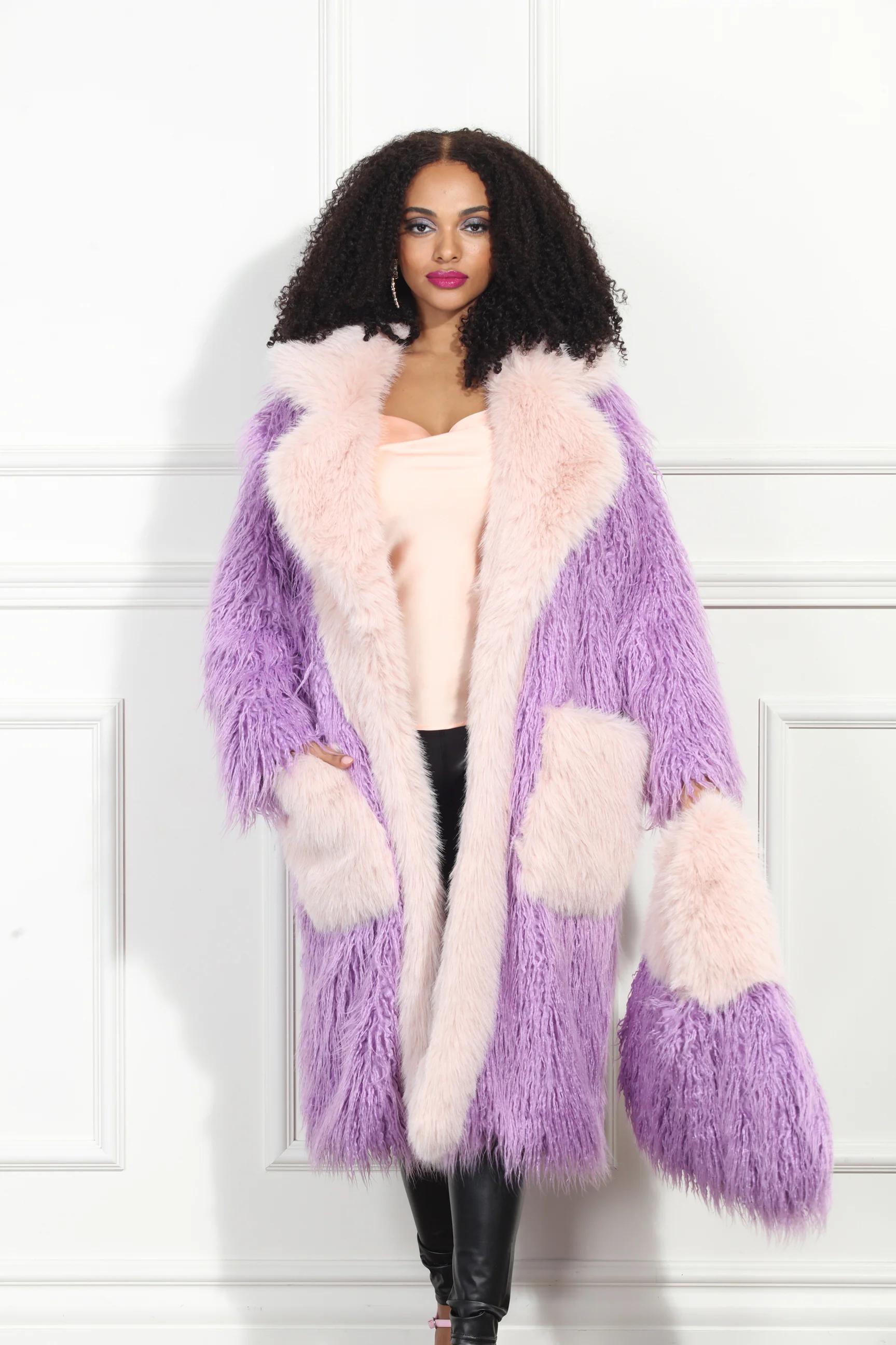 Two-Tone Lavender Faux Fur Long Coat with Light Pink Contrast Collar and Pockets