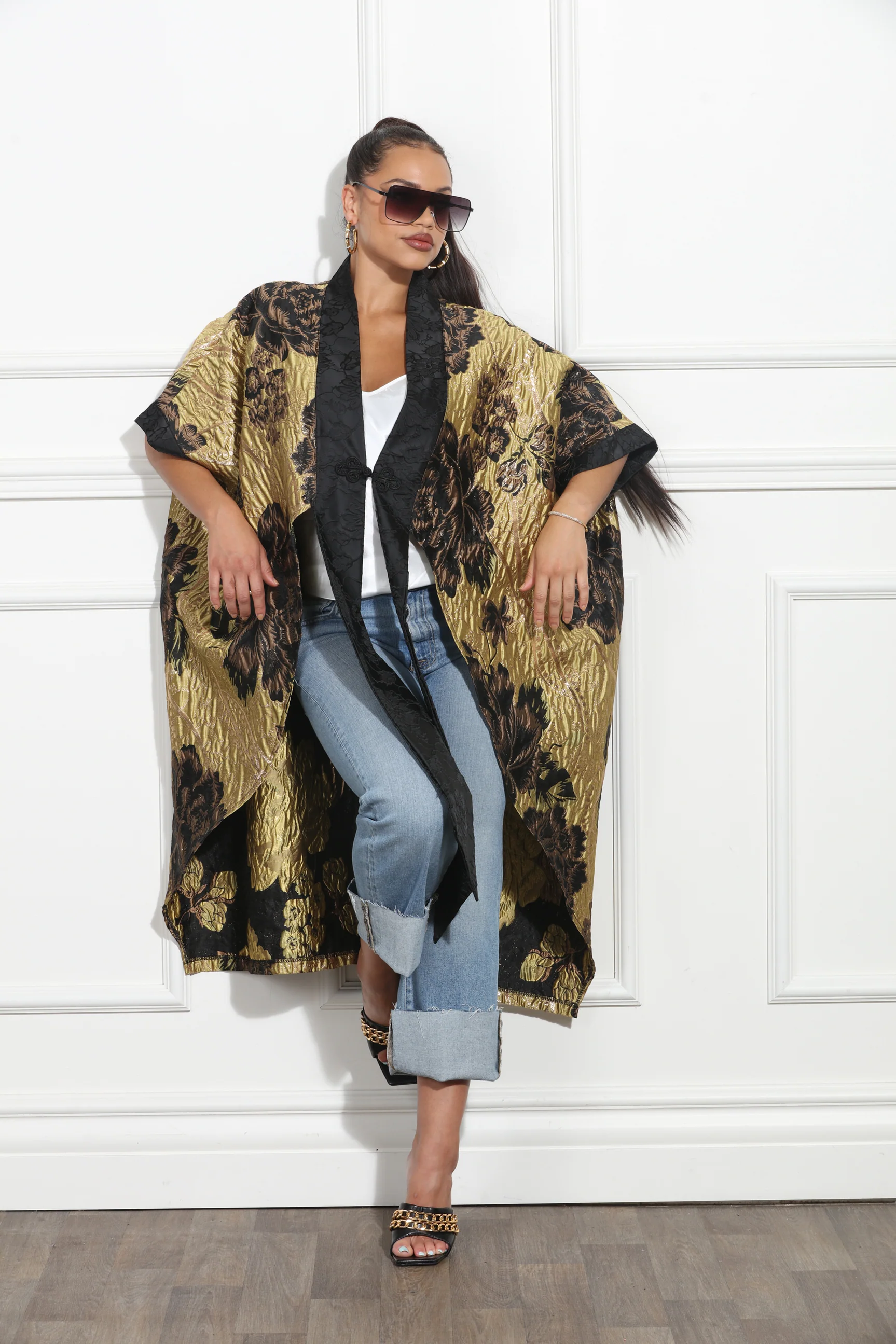 Luxurious Gold and Black Floral Embossed Brocade Kimono