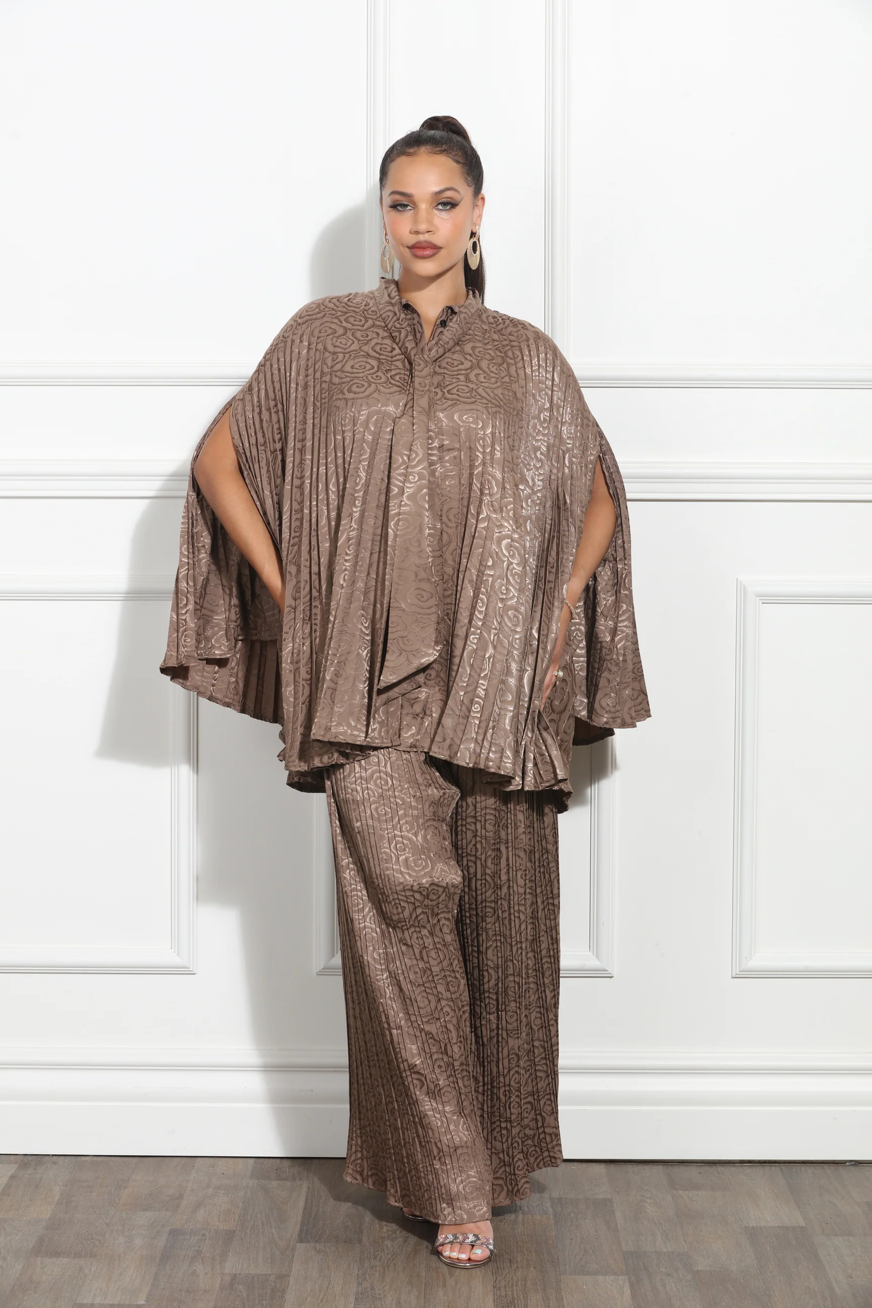 Bow Tie Sunburst Pleated Oversized Poncho Blouse and Wide-Leg Pants Set