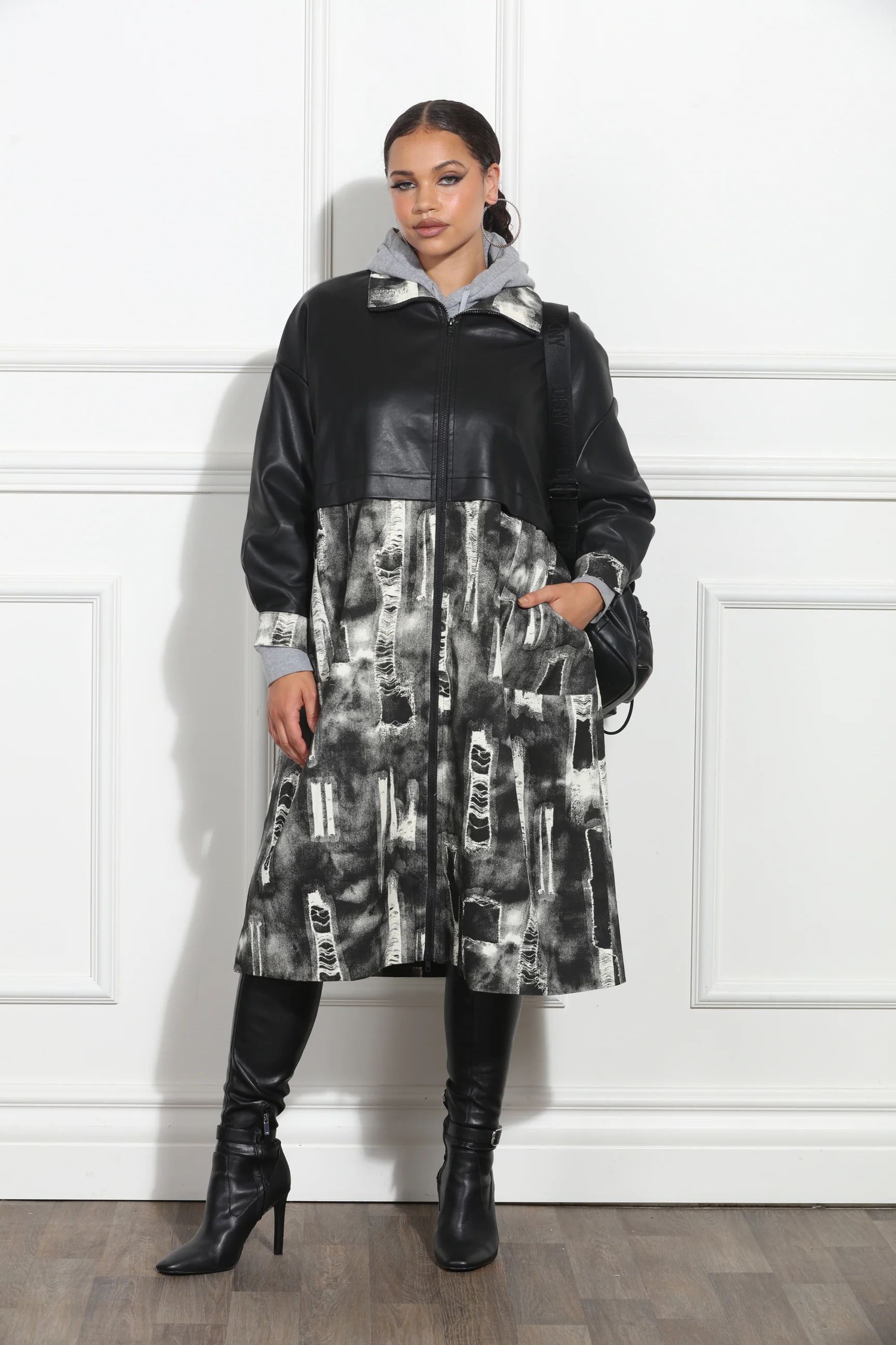 Urban Black Leather and Monochromatic Print Inserts Overcoat