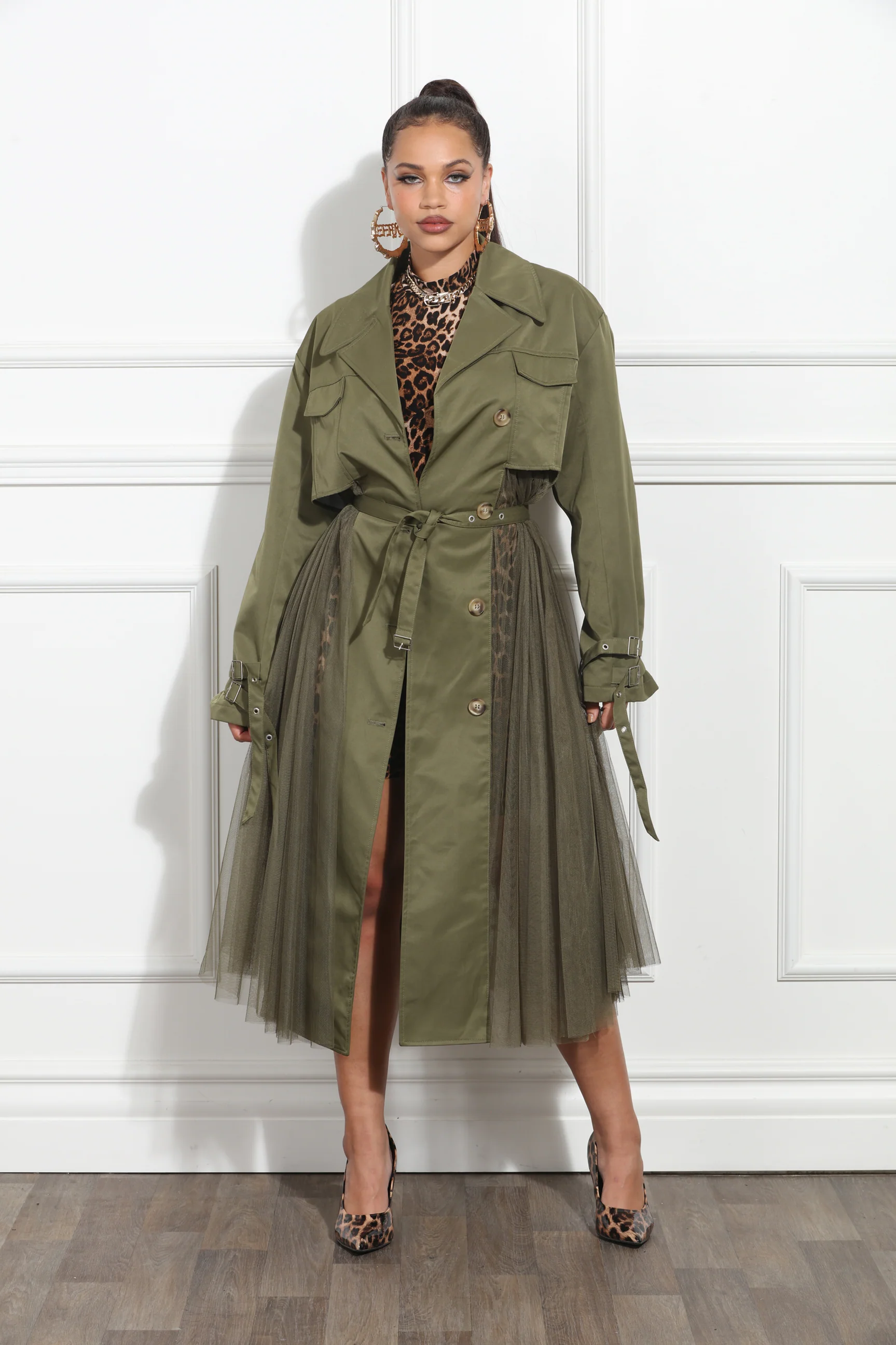 Chic Olive Green Trench Coat with Mesh Inserts