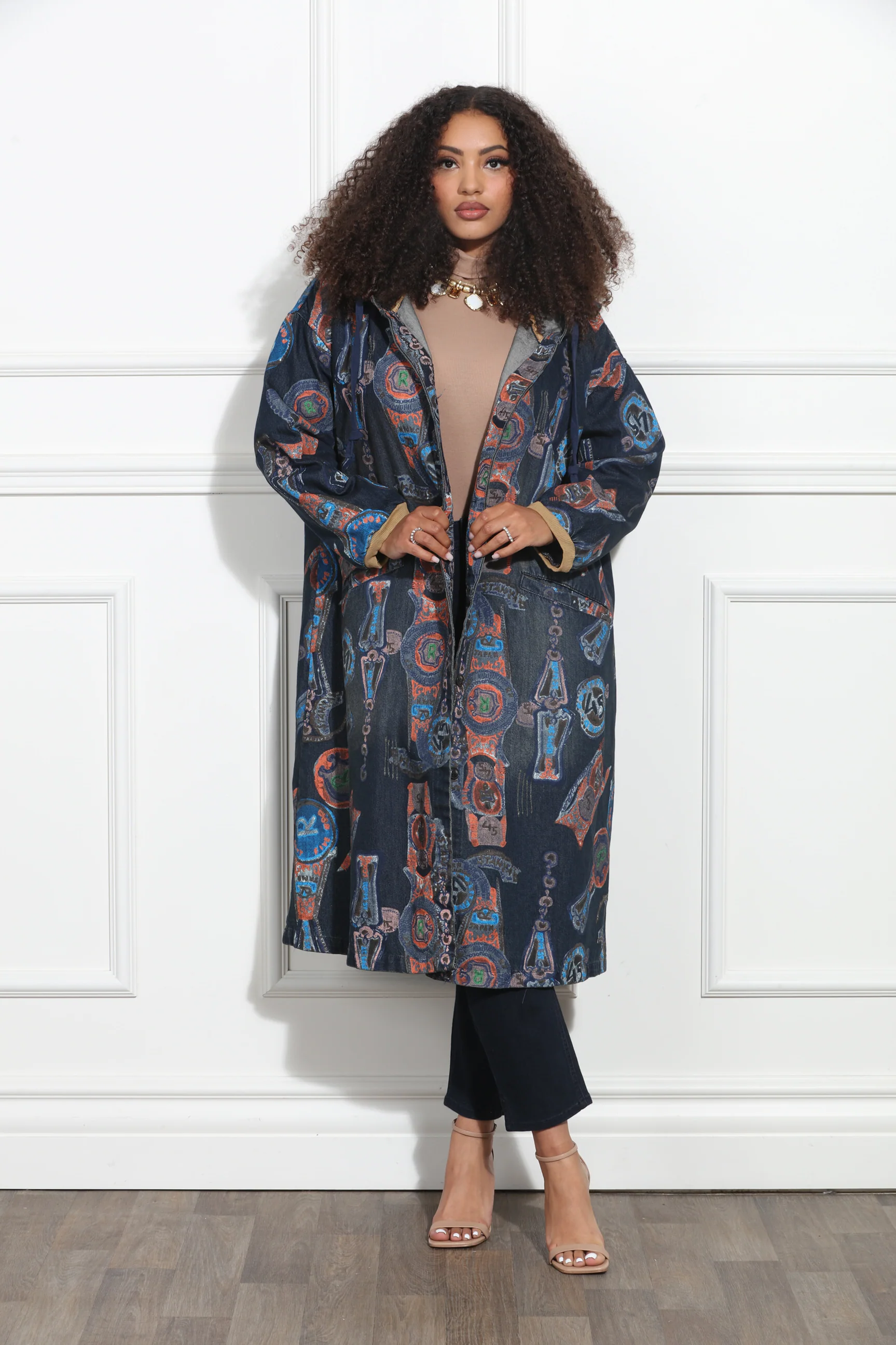 Colorful Abstract Print Navy Denim Hooded Overcoat