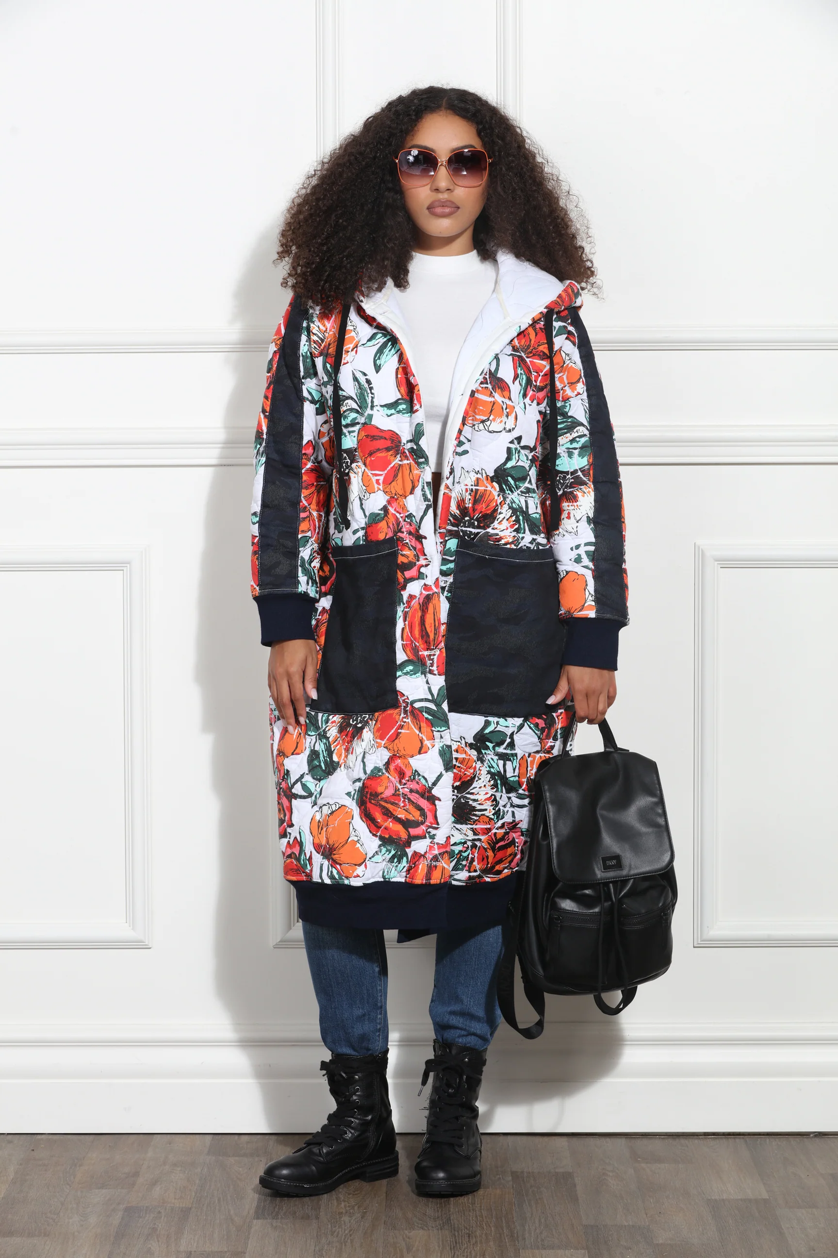 Abstract Floral Print Black and White Hooded Boxy Overcoat