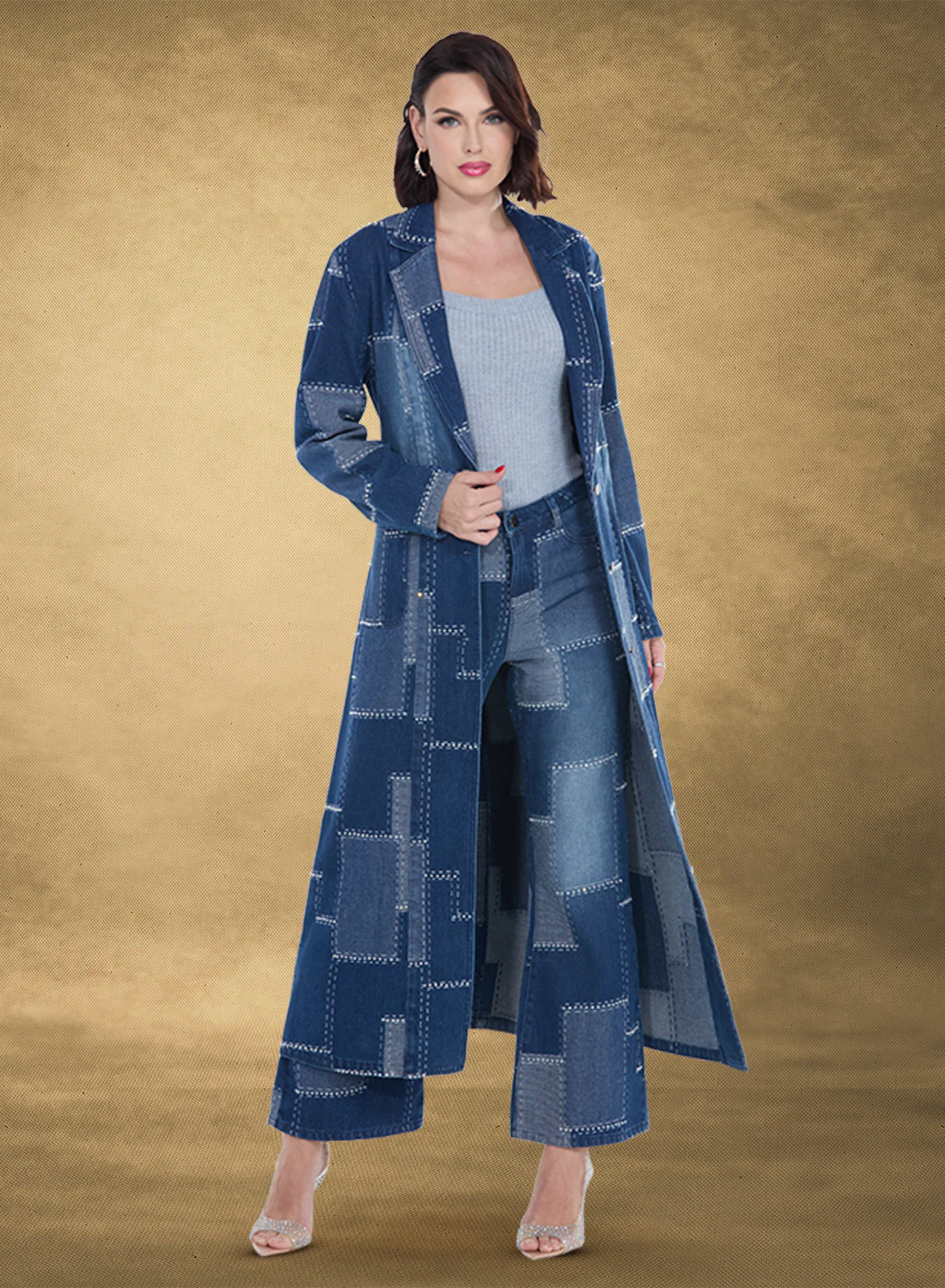 Geometric Patchwork Pattern Denim Coat with Contrast Stitching - Jacket Only