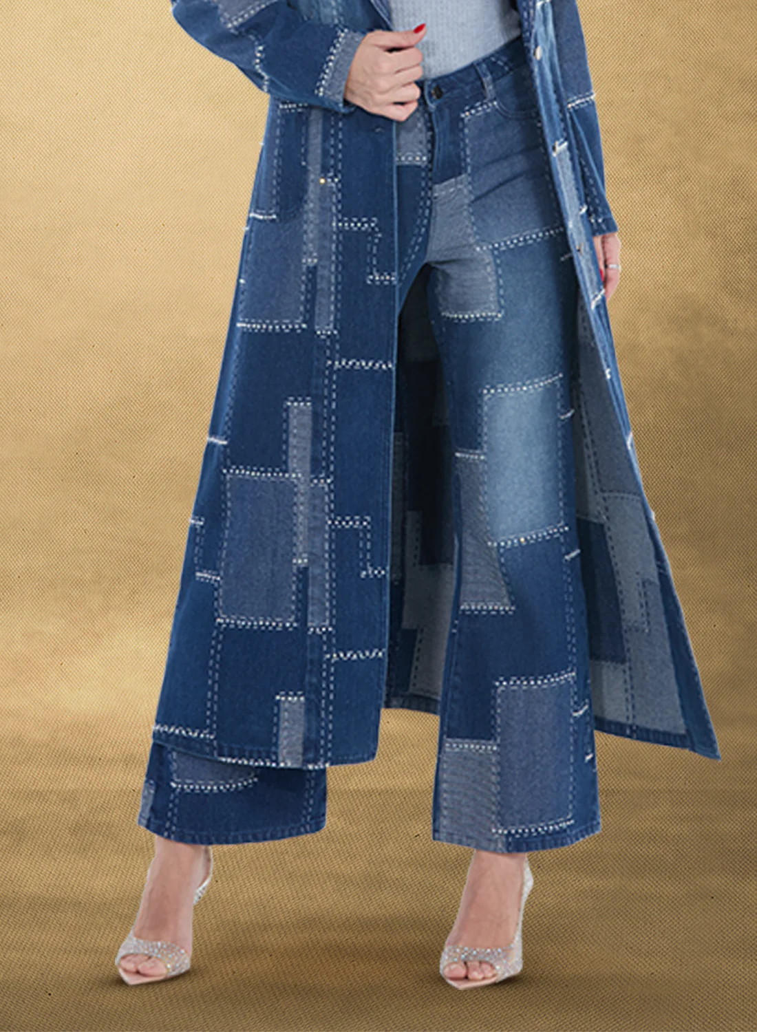 Geometric Patchwork Pattern Denim Jeans with Contrast Stitching - Pants Only