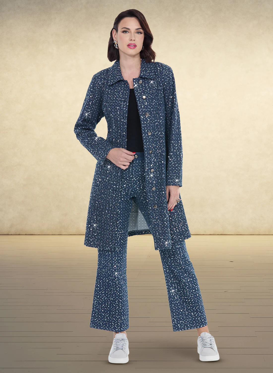 Sequin Embellished Long Jacket and Pant Denim Set