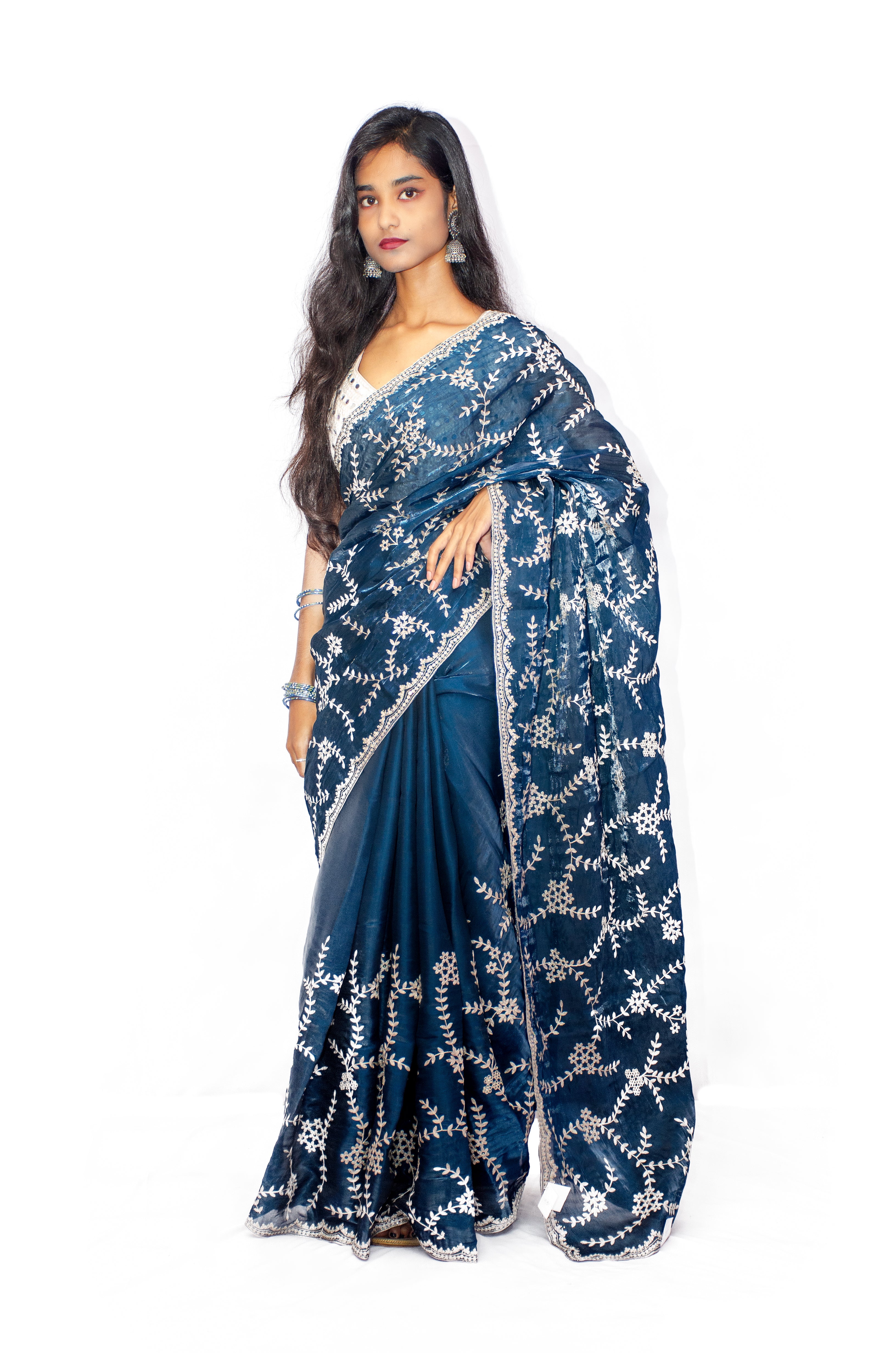 Designer Festive Dark Blue Saree Jimmy-Choo Embroidery with sequence work with blouse piece