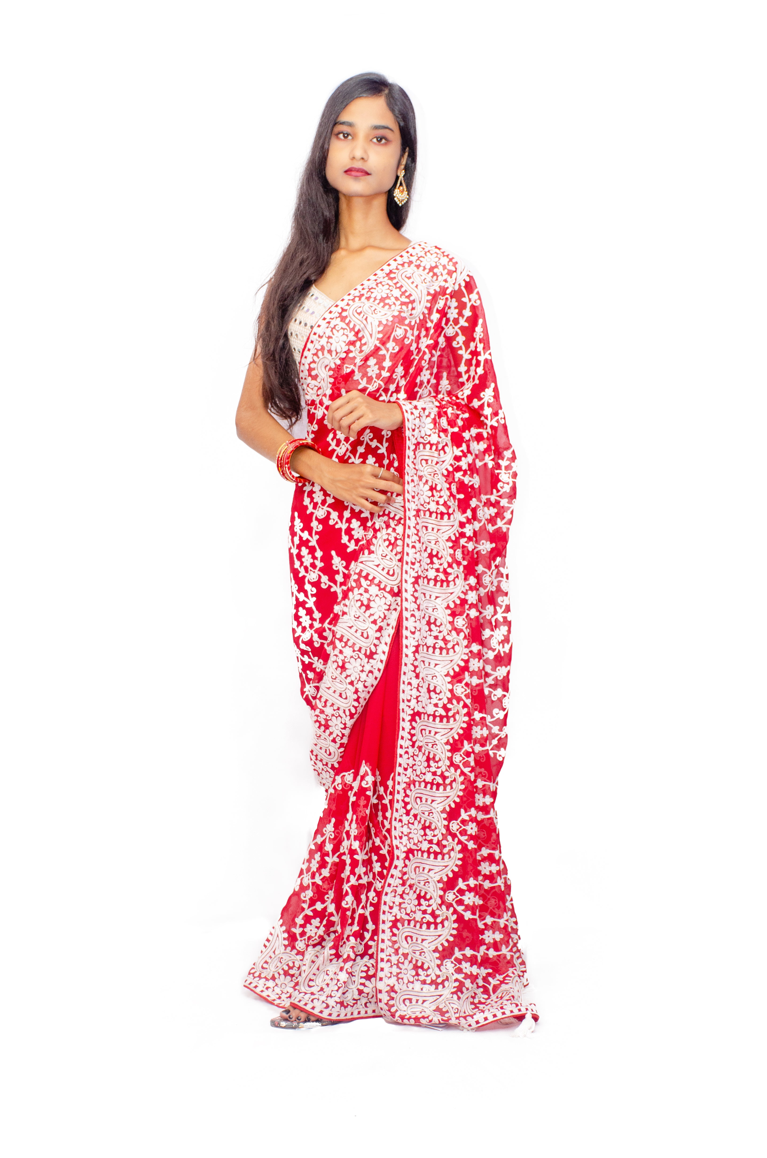 Designer Saree Heavy Embroidery Women Saree Georgette With Blouse Piece Red and White Floral Printed Cotton Saree, 6 Metres