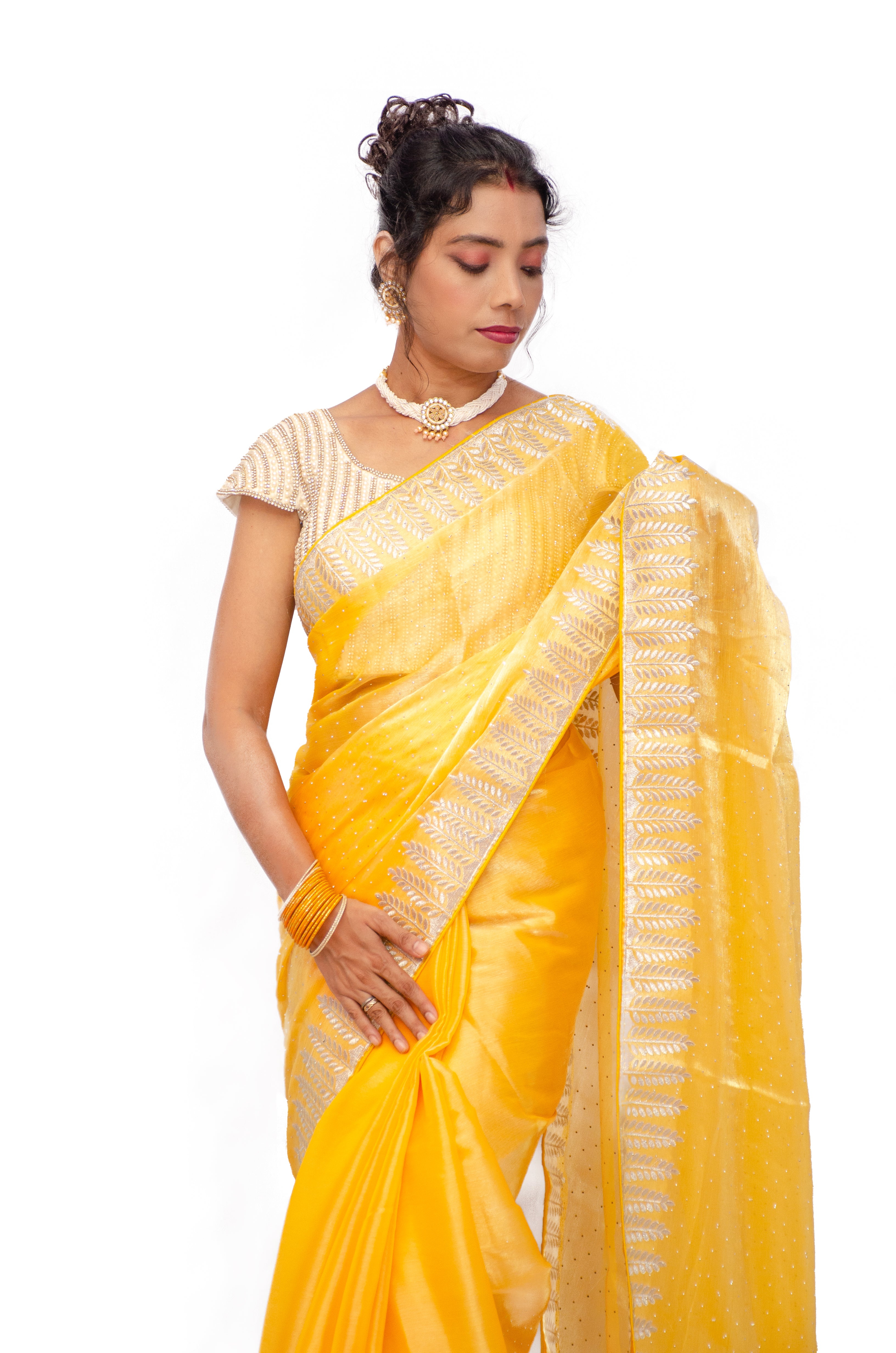 Designer Festive Yellow Saree Jimmy-Choo Embroidery with sequence work with blouse piece