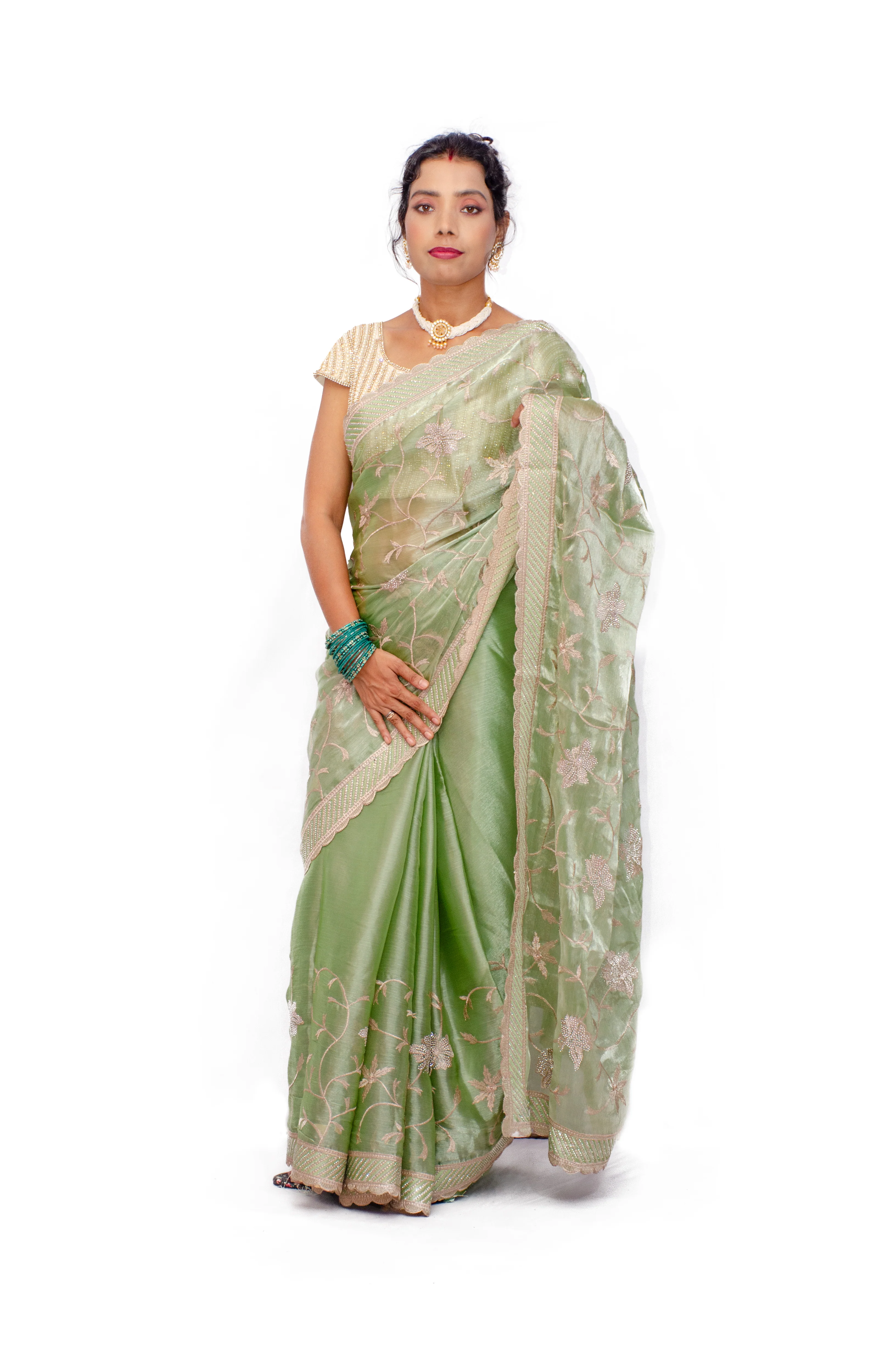 Designer Saree Embroidery with Swarovski Stonework with blouse piece for women and girls