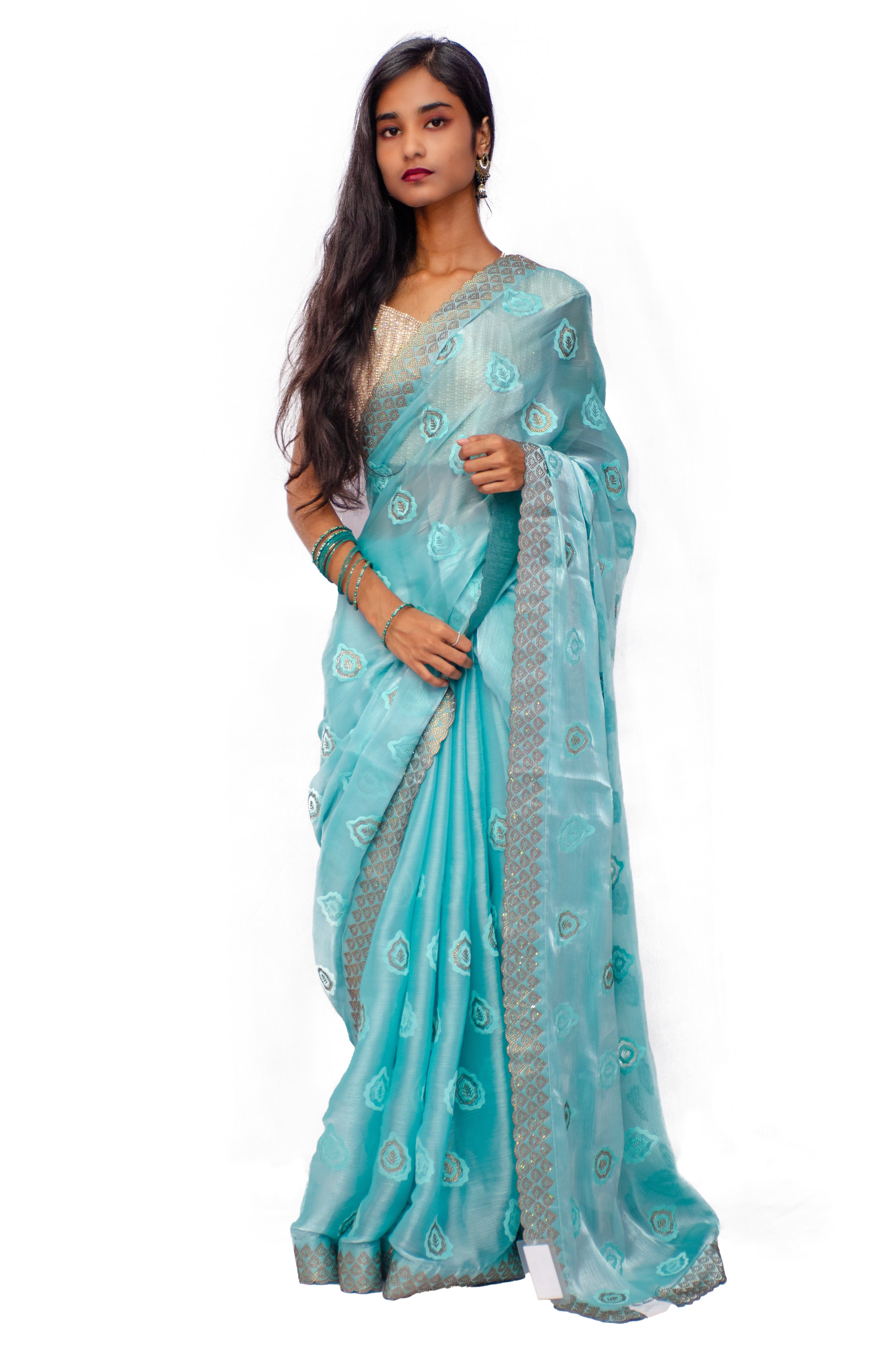 Designer Saree Sea Green Embroidery with Swarovski Stonework with blouse piece for women and girls