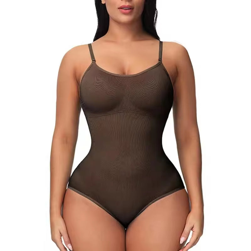 V-Neck Spaghetti Strap Compression Bodysuit with Open Crotch - Slimming Shapewear for a Smooth Silhouette