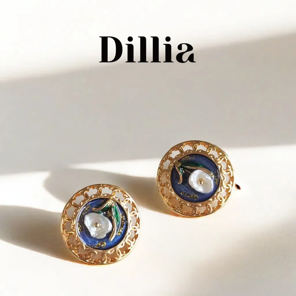 Vintage Blue Enamel Floral Hollow Stud Earrings