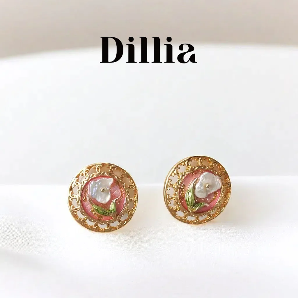 Romantic Pink Enamel Floral Golden Earrings