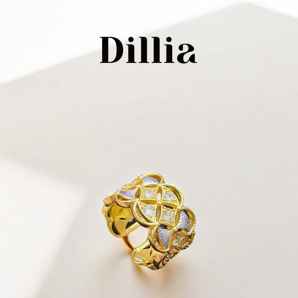 Shell Diamond-Embellished Golden Open Ring