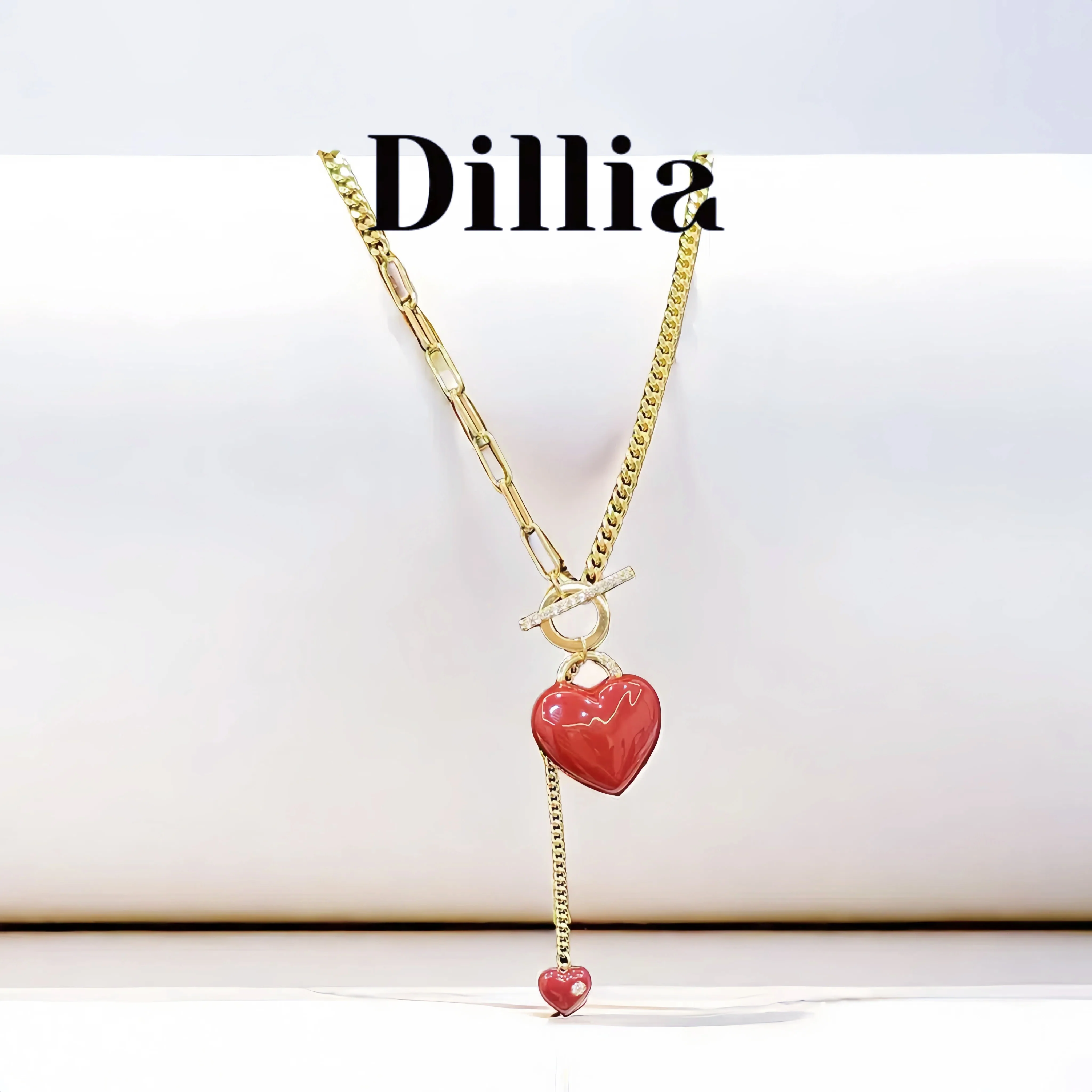 Fashion Enamel Golden Red Heart Pendant Necklace