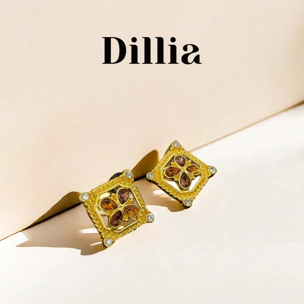 Vintage Gemstone Hollow Gold-Plated Stud Earrings