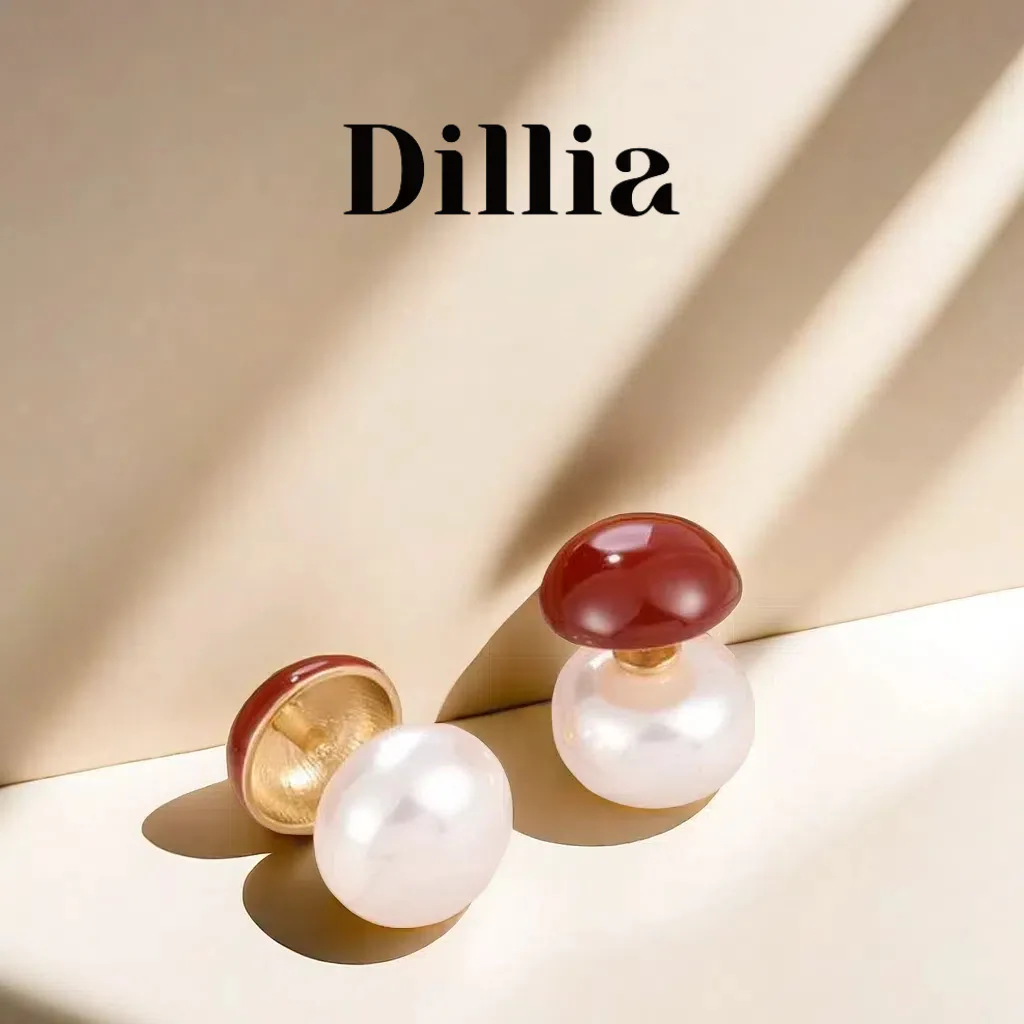 Enamel Mushroom-Shaped Pearl Stud Earrings