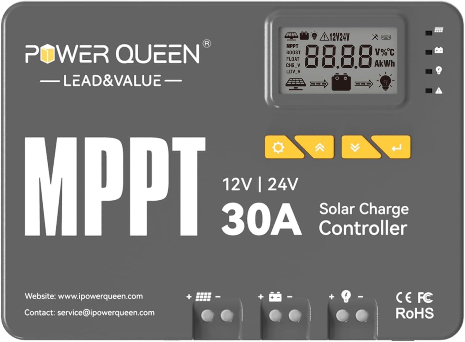 Régulateur MPPT 12/24V 30A de Power Queen pour Panneau Solaire avec Bluetooth