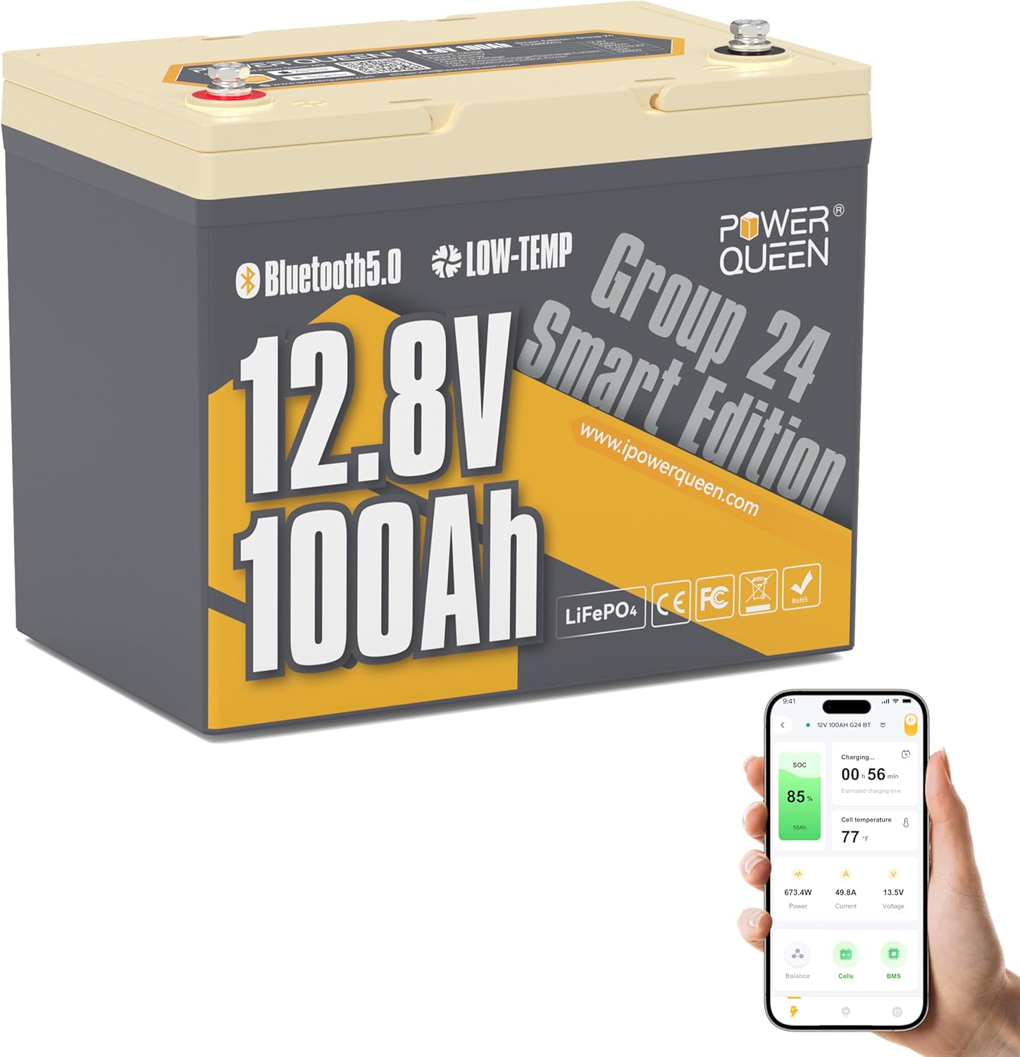 Batterie LiFePO4 12V 100Ah Group 24 de Power Queen avec Bluetooth Intelligent
