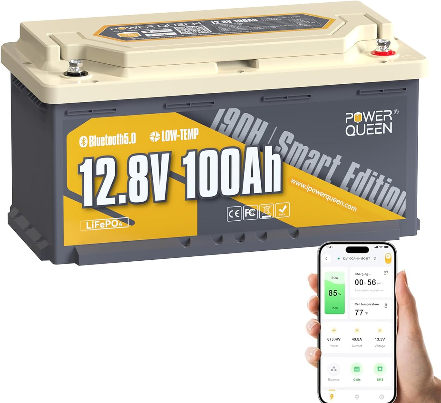 Batterie LiFePO4 12V 100Ah RV190 de Power Queen avec Bluetooth 5.0 Intelligent