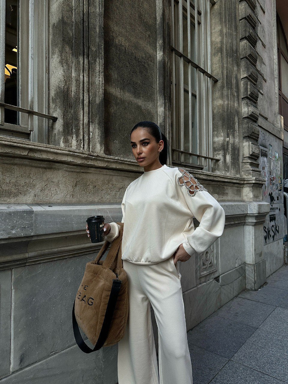 "Elegant Beige Modal Suit with Embellished Shoulder Detail - Luxe Streetstyle