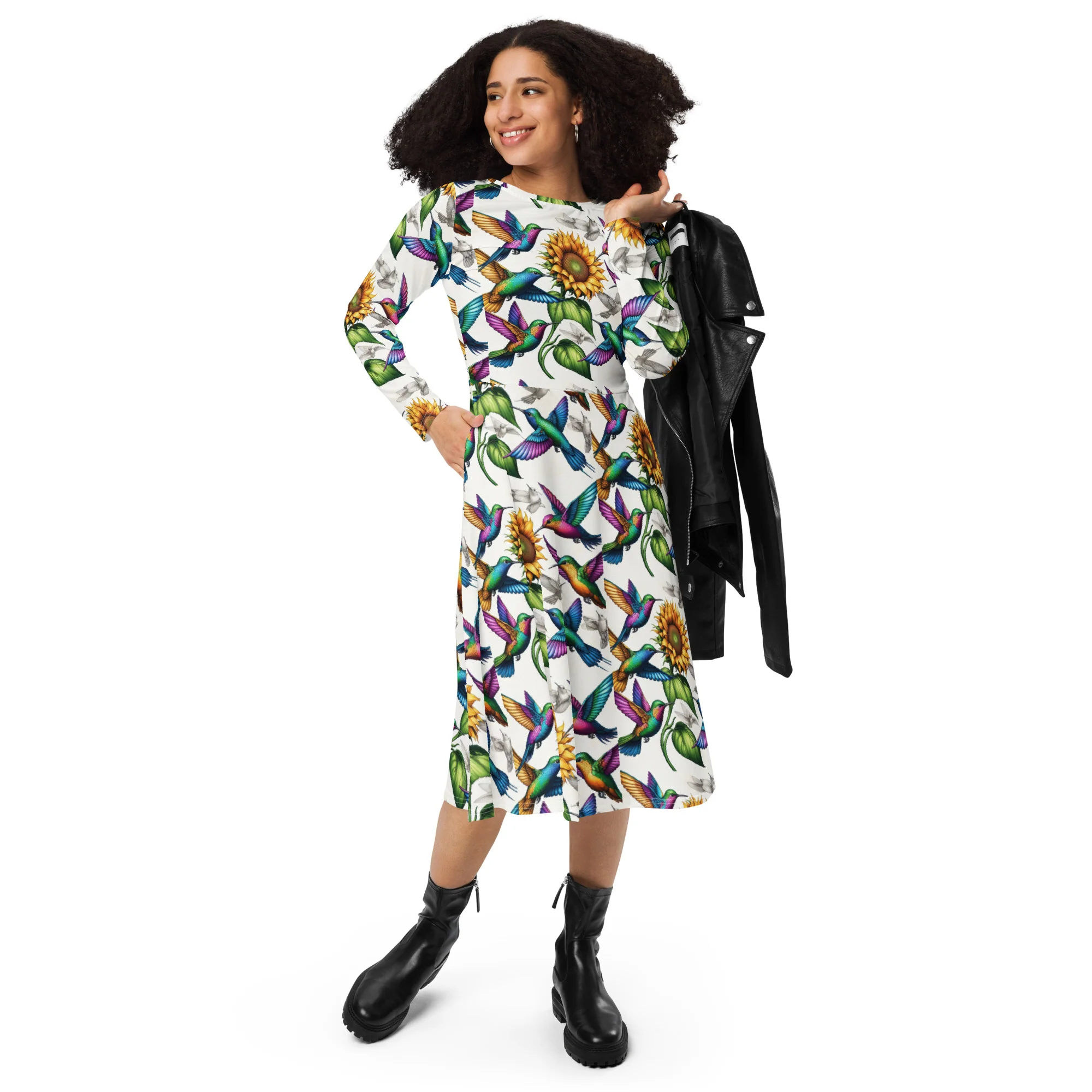 Hummingbirds and Sunflowers All-over print long sleeve midi dress by Gregg Acini Adoree Designs