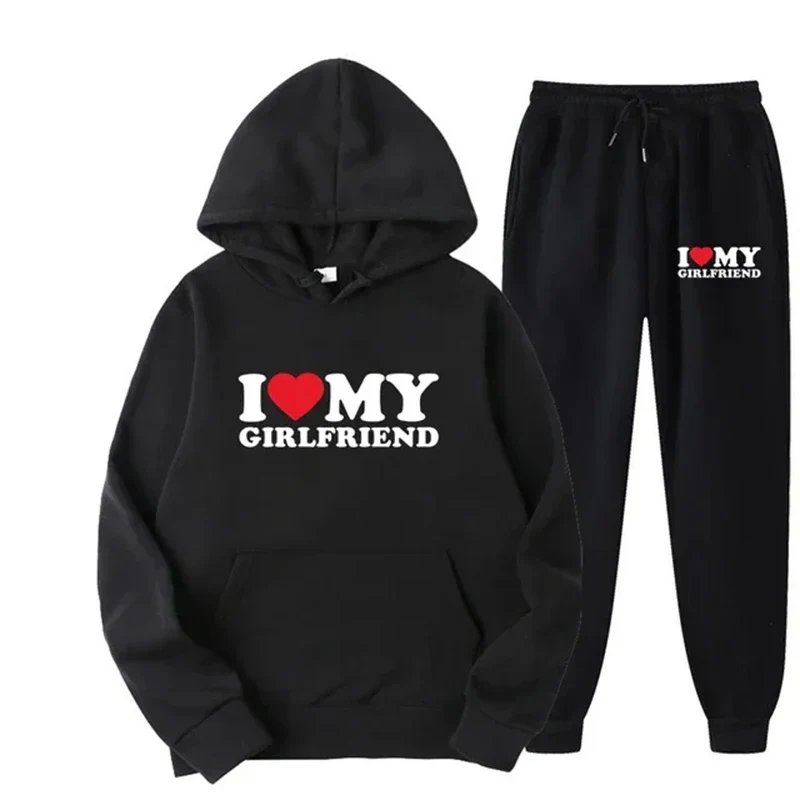 2024 New Trendy I love my boyfriend couple set, men's and women's sports hoodie+pants, two-piece clothing top